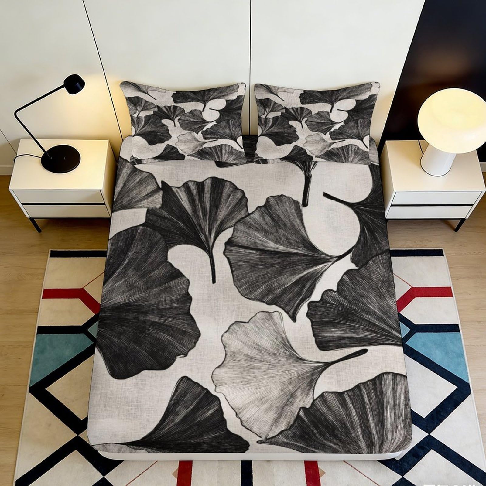 3D Printed Ginkgo Leaf Fitted Sheet Microfiber Soft Breathable Monochrome Botanical Mattress Cover for Bedroom Dorm Decor 160x200x25cm