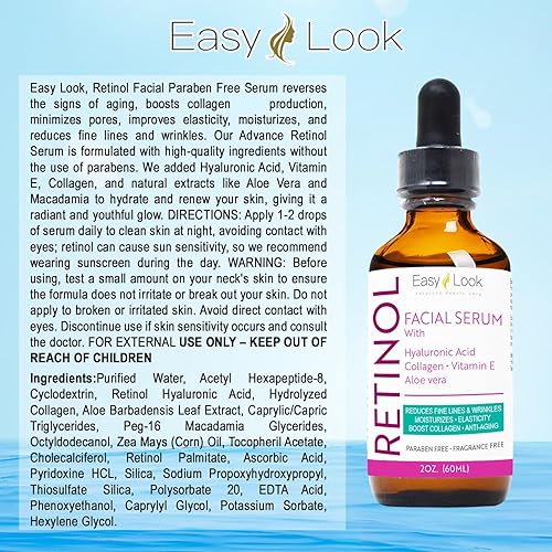 Miniatura 6 de Suero de retinol para la cara con ácido hialurónico hidratante, colágeno, vitamina E y aloe vera. Suero facial antienvejecimiento, aprieta la