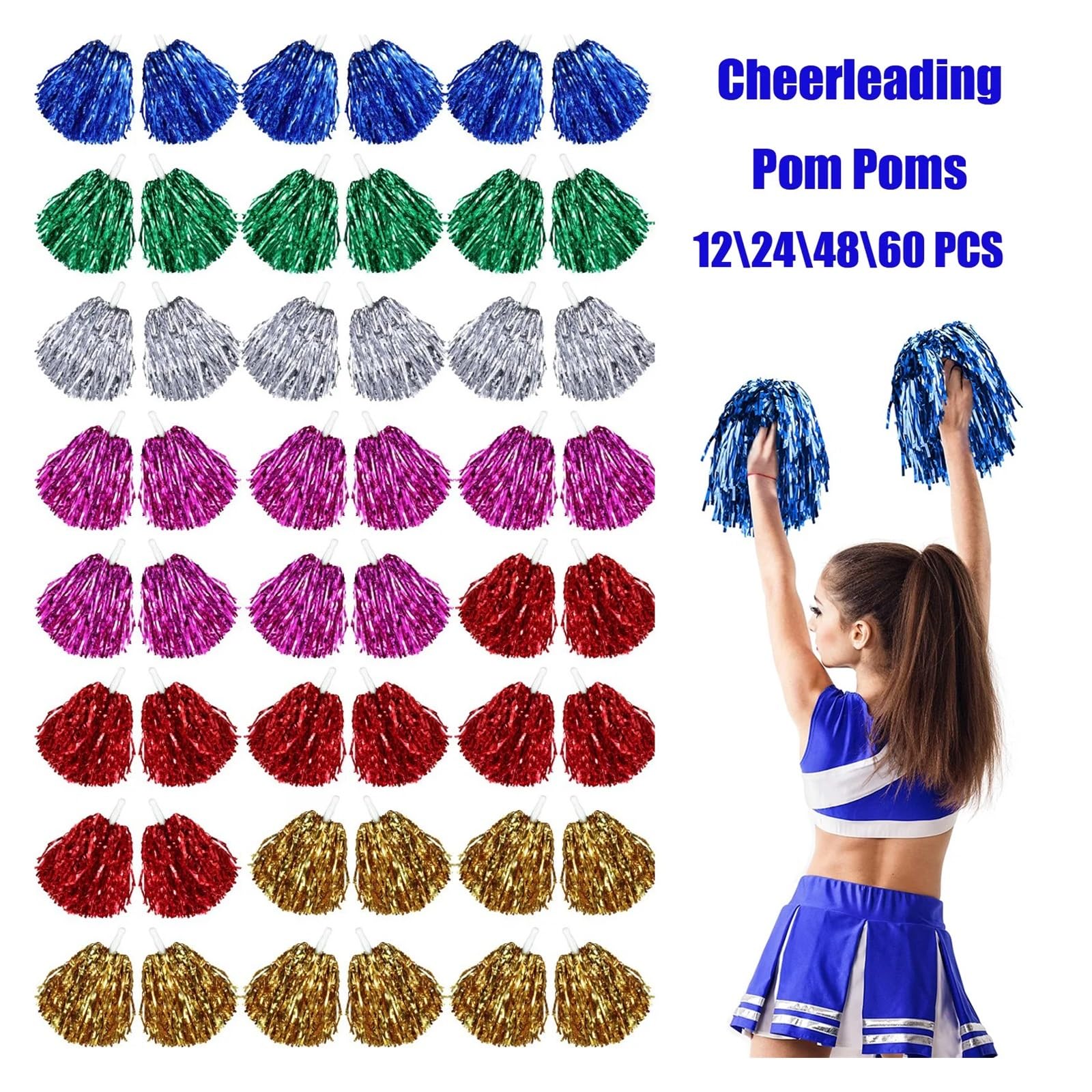 Lot de 12 à 200 pompons de pom-pom girl avec poignée de 20 g pour décoration de fête, club, sport pour adultes et enfants (noir doré, 48 pièces)