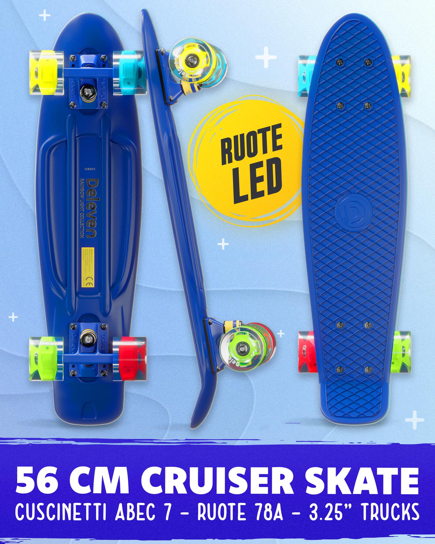 Deleven Skateboard 56cm con Ruote LED, Tool per Skate e Cuscinetti Abec 7 - Per Bambini Principianti Ragazze Ragazzi Adolescenti Adulti