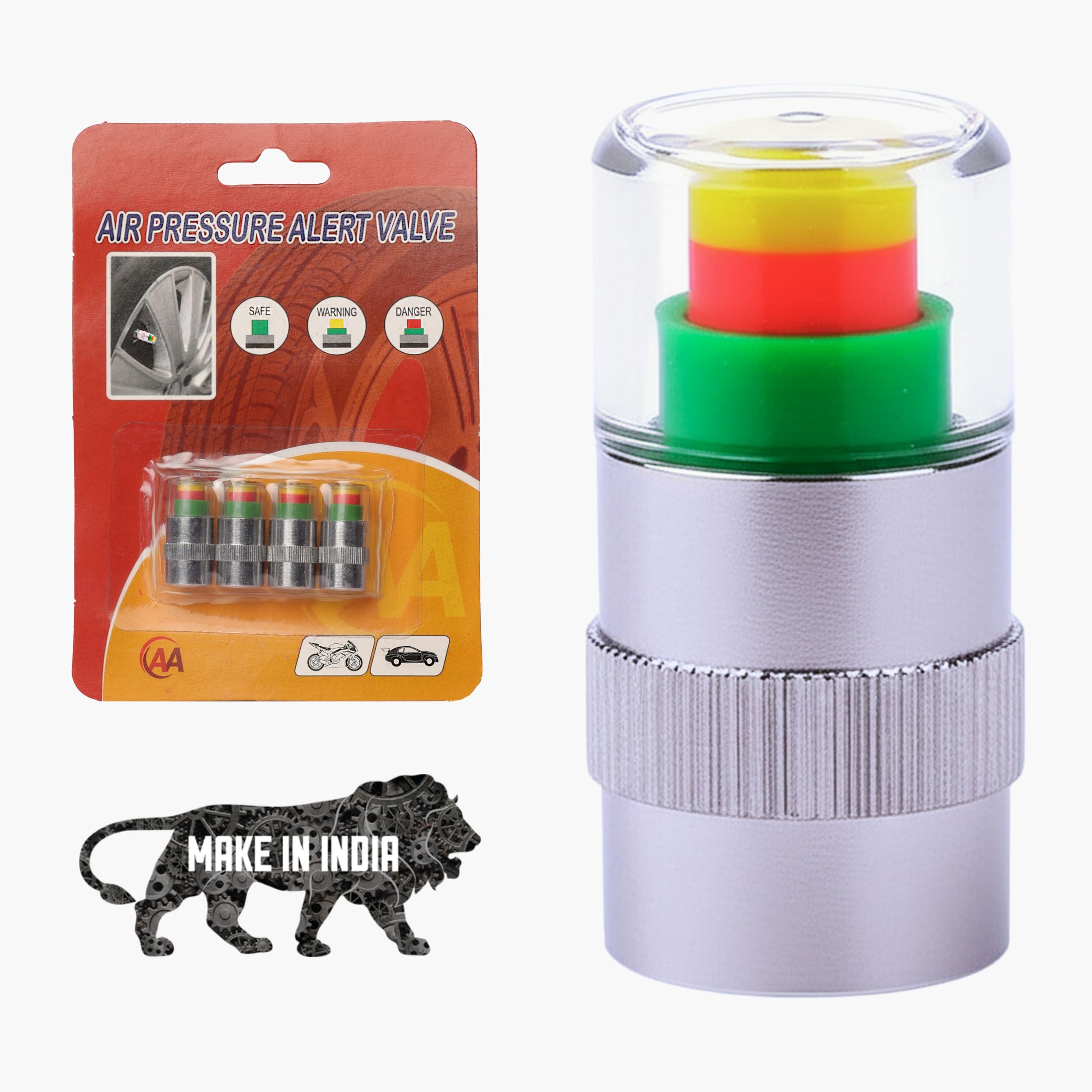 AA Tyre Air Pressure Alert Valve Caps, 4-Caps, Color Coded Indicators, 28-36 PSI Range, for Cars and Motorcycles