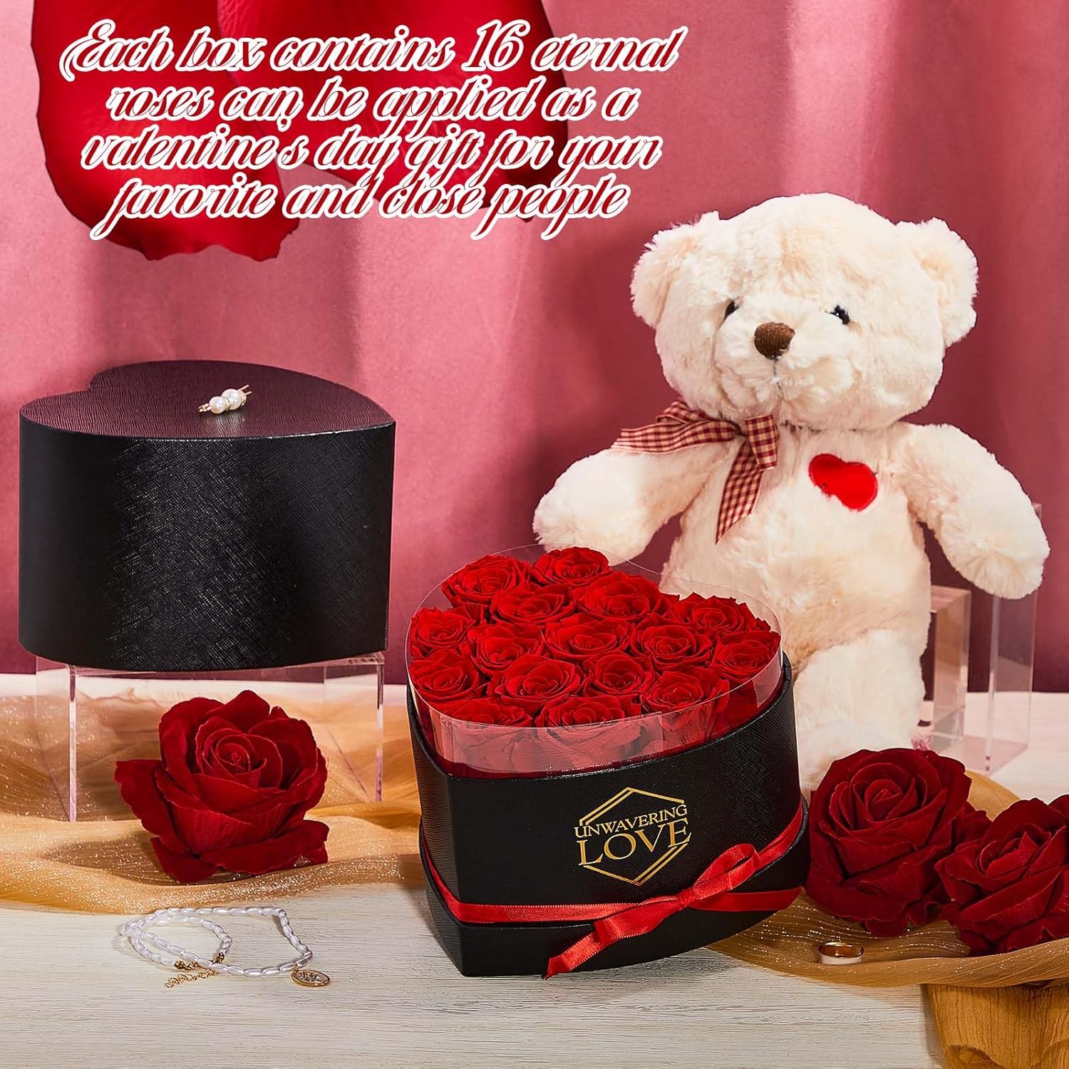 16 Preserved Flowers Preserved Roses in Heart Shaped Box with Bear Immortal Roses Valentine's Day Gifts for Her Women Romantic Gifts for Valentine's Day Mother's Day Birthday Anniversary