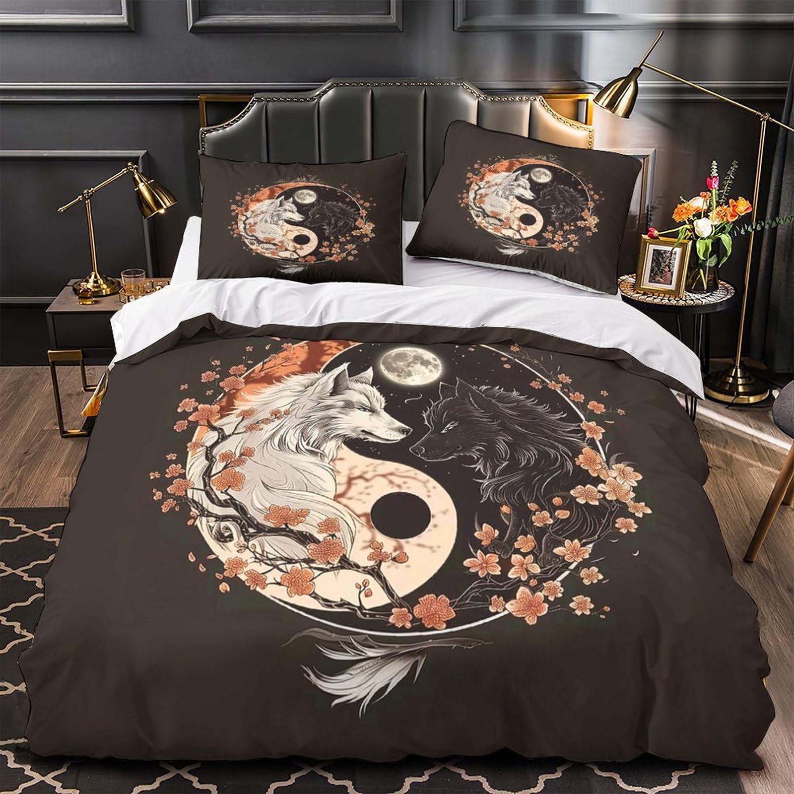 Housse de couette loup yinyang 3d en microfibre super king 260x220 cm avec 2 taies d'oreiller