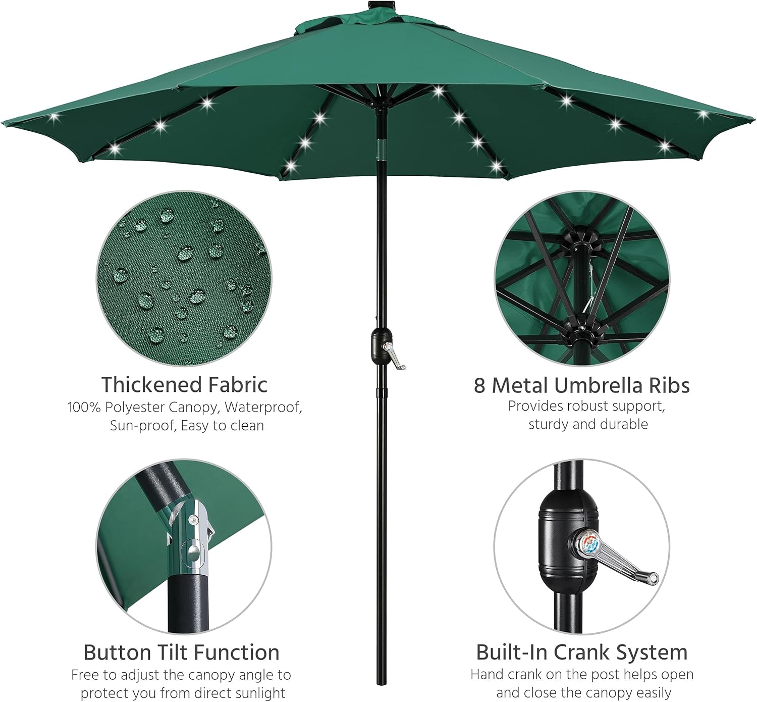 Yaheetech 9FT LED Patio Market Umbrella Solar Outdoor Table Umbrella 8 Ribs with 22lbs Round Base All Weather Stand for Garden/Lawn/Deck/Backyard/Pool Dark Green