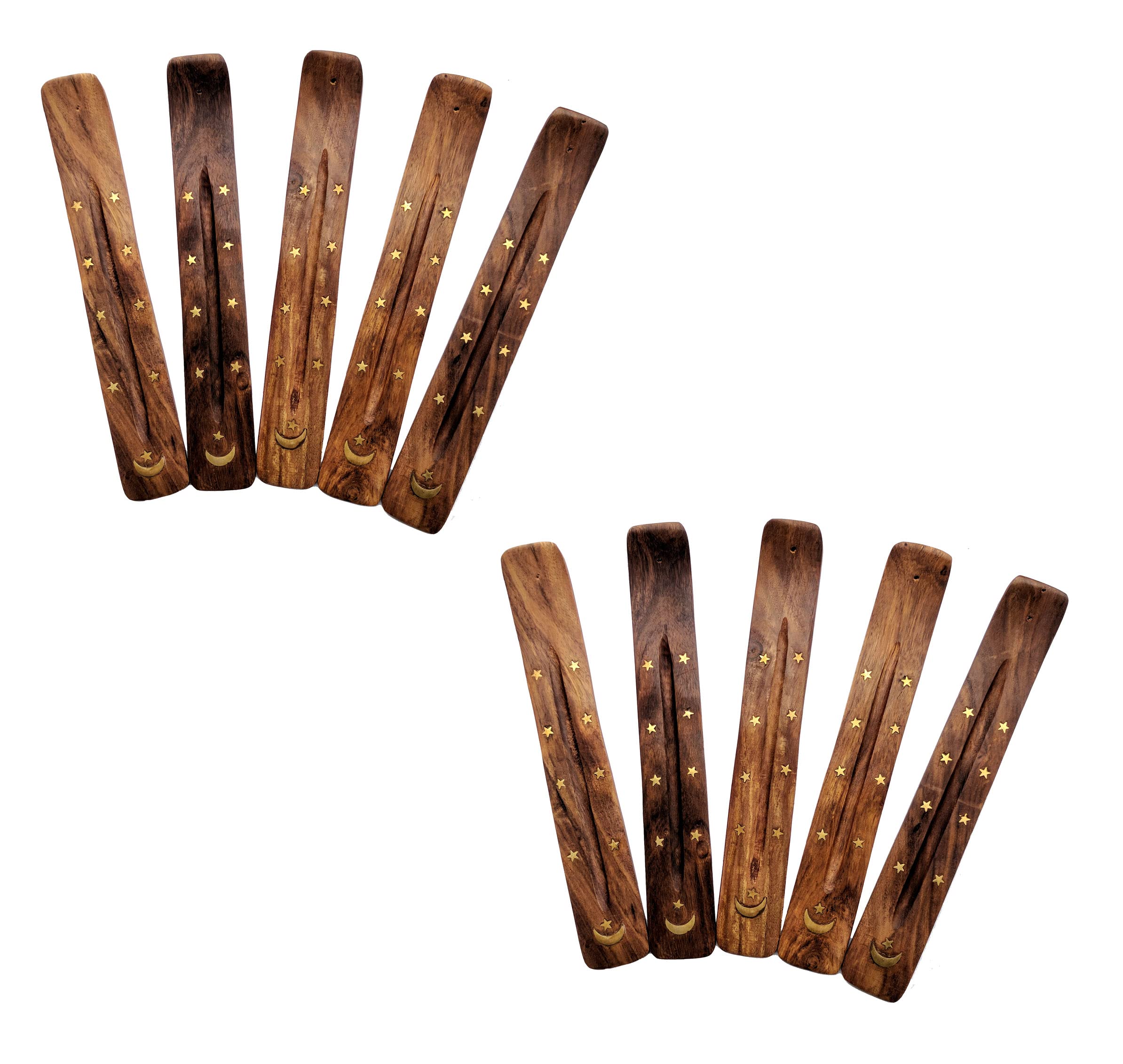 10 Pack Brass Moon and Stars Inlay Handmade Wooden Incense Stick Holders, Ash-Catchers