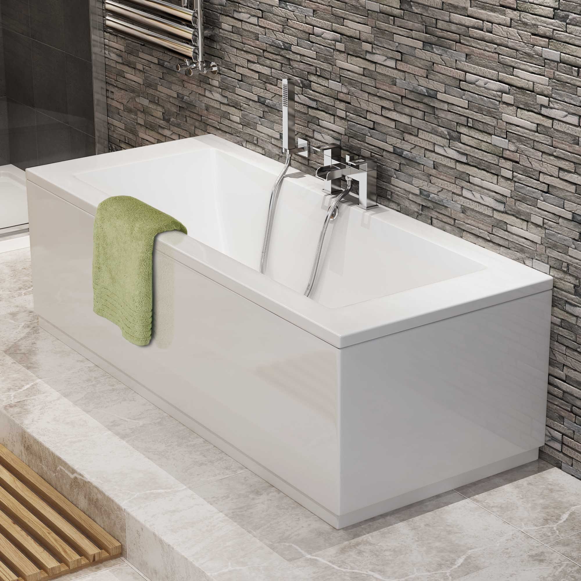 Ibathuk White Bathroom Gloss Bath Double Ended Straight Square Acrylic Bathtub With Adjustable Feet - 1700 X 750Mm