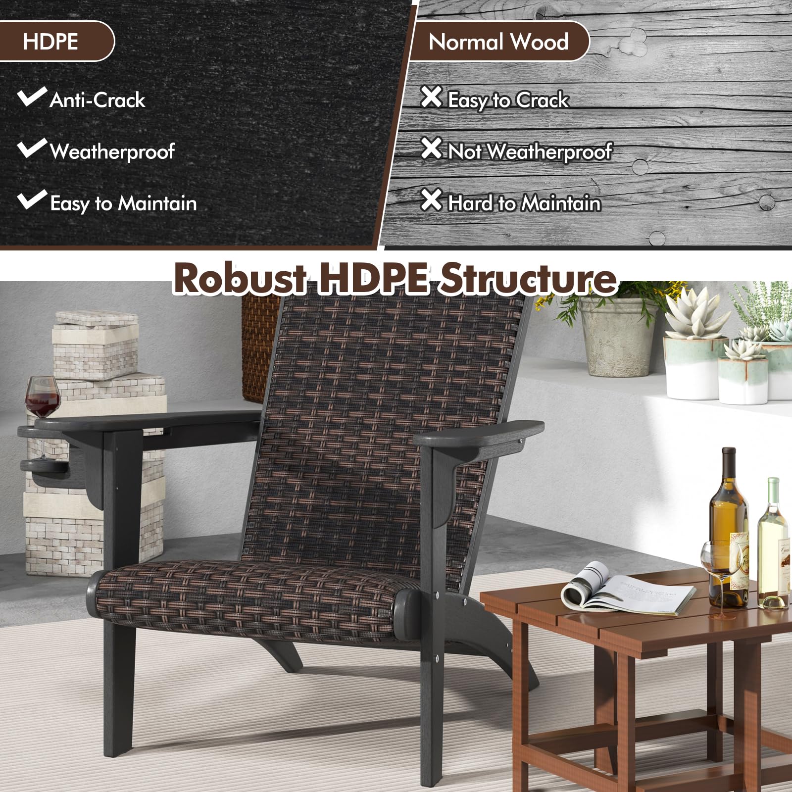 LIFEZEAL Sedia Adirondack da Esterno, in Plastica, Rattan PE, Imbottito da Spugna, con Braccioli, Portabicchiere, Resistente alle Intemperie, per Giardino, Terrazza, Patio, Aperto, Max 150kg (nero)