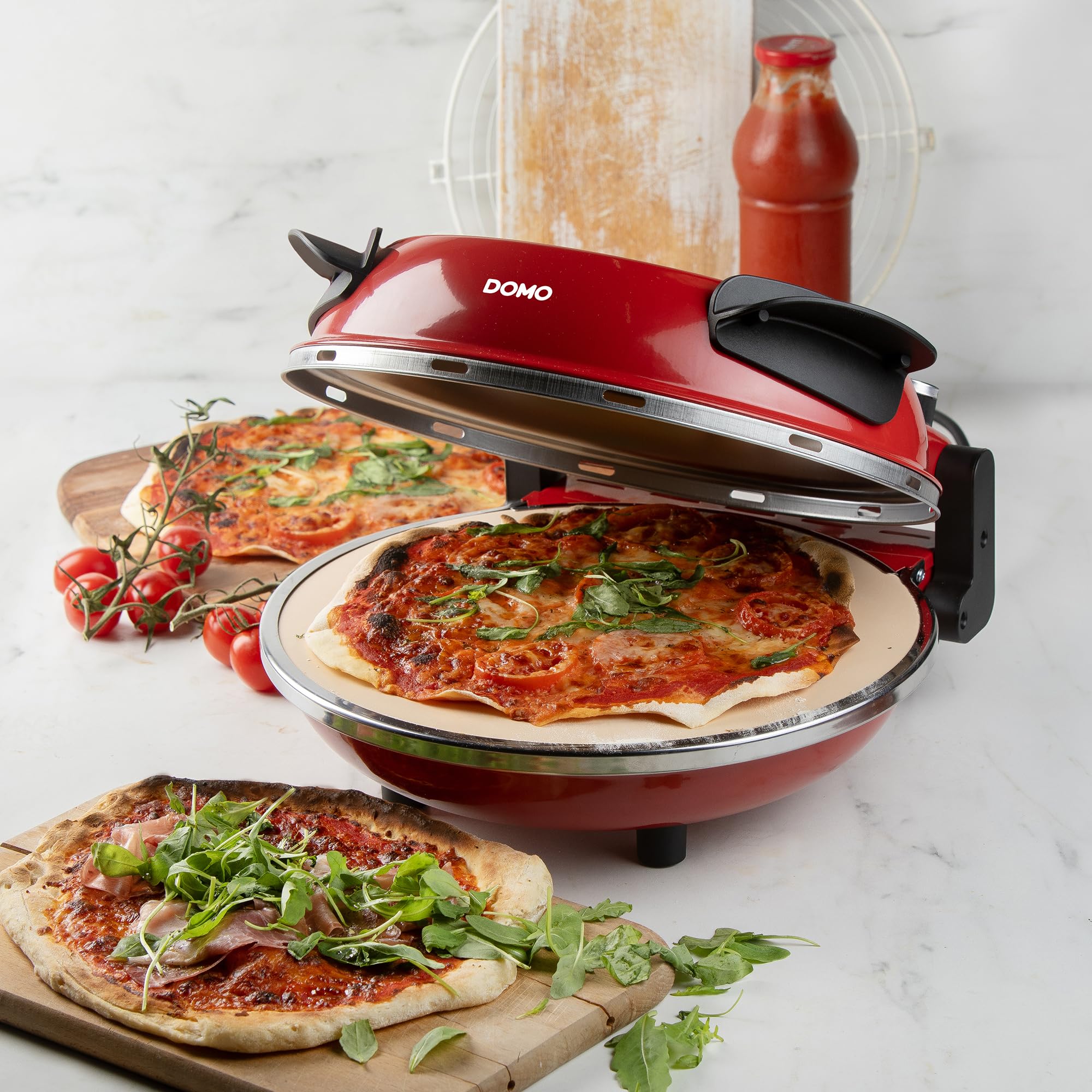DOMO DO9284PZ Four à Pizza électrique 1200 W avec Pierre de Cuisson Ø 32 cm, Température Réglable jusqu'à 400°C, Inclus 2 Pelles à Pizza
