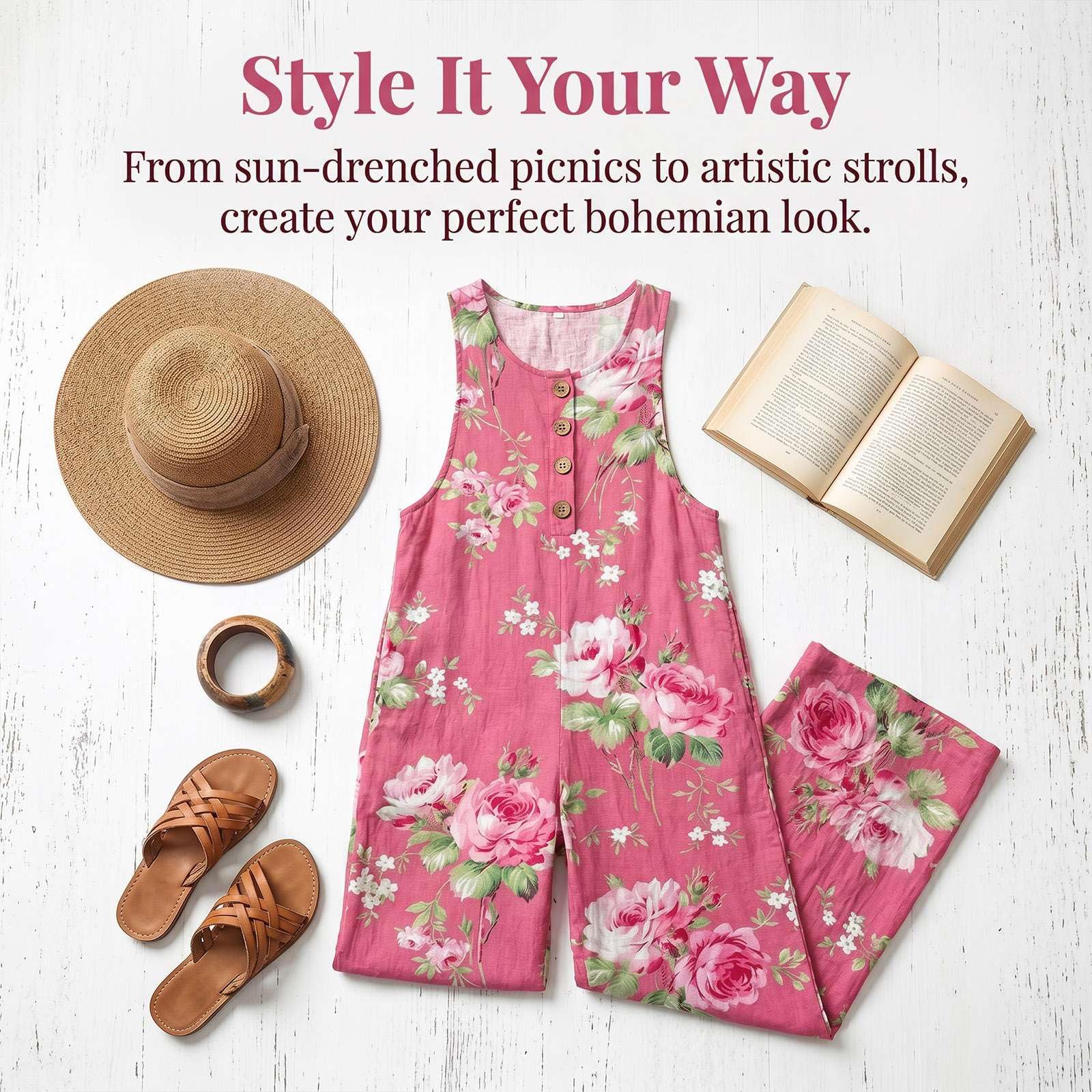 Salopette Donna Estiva, Tuta Intera Elegante Boho Chic Senza Maniche, Tuta Larga Stampa con Tasche Baggy Wide Leg, Tute Cotone Casual Comode per Mare Vacanza e Tempo Libero