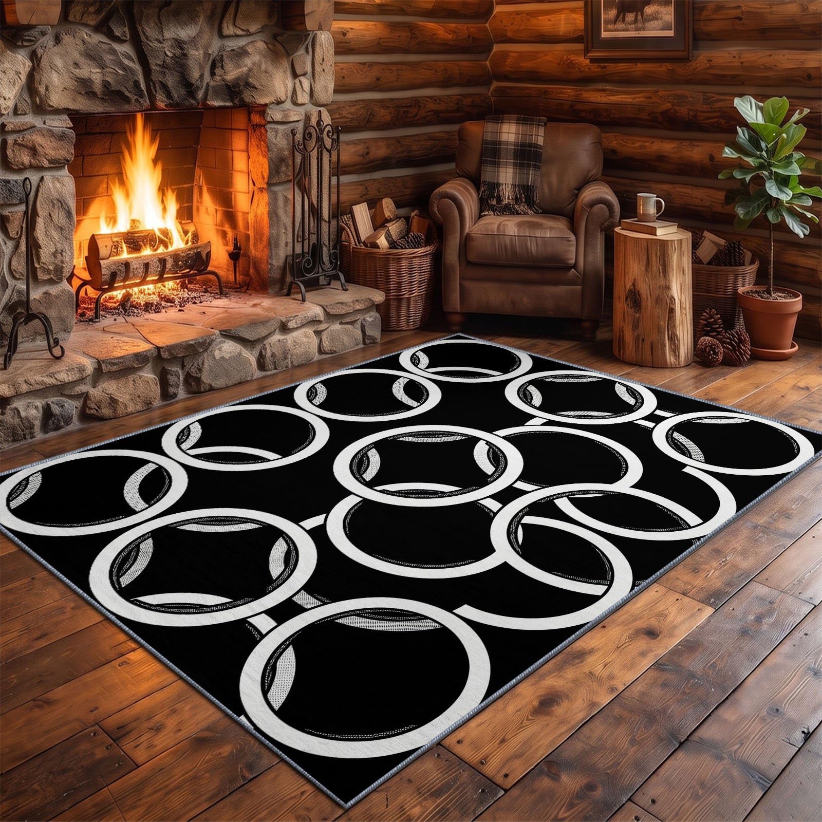 Noir Blanc Moderne Géométrique Tapis Salon Cercle Anneau Rug Lavable en Machine | Antidérapant Rugs, Chambre Descente de Lit Salle a Manger Bureau Cuisine Interieur Poil Ras Carpet 60 x 110 cm