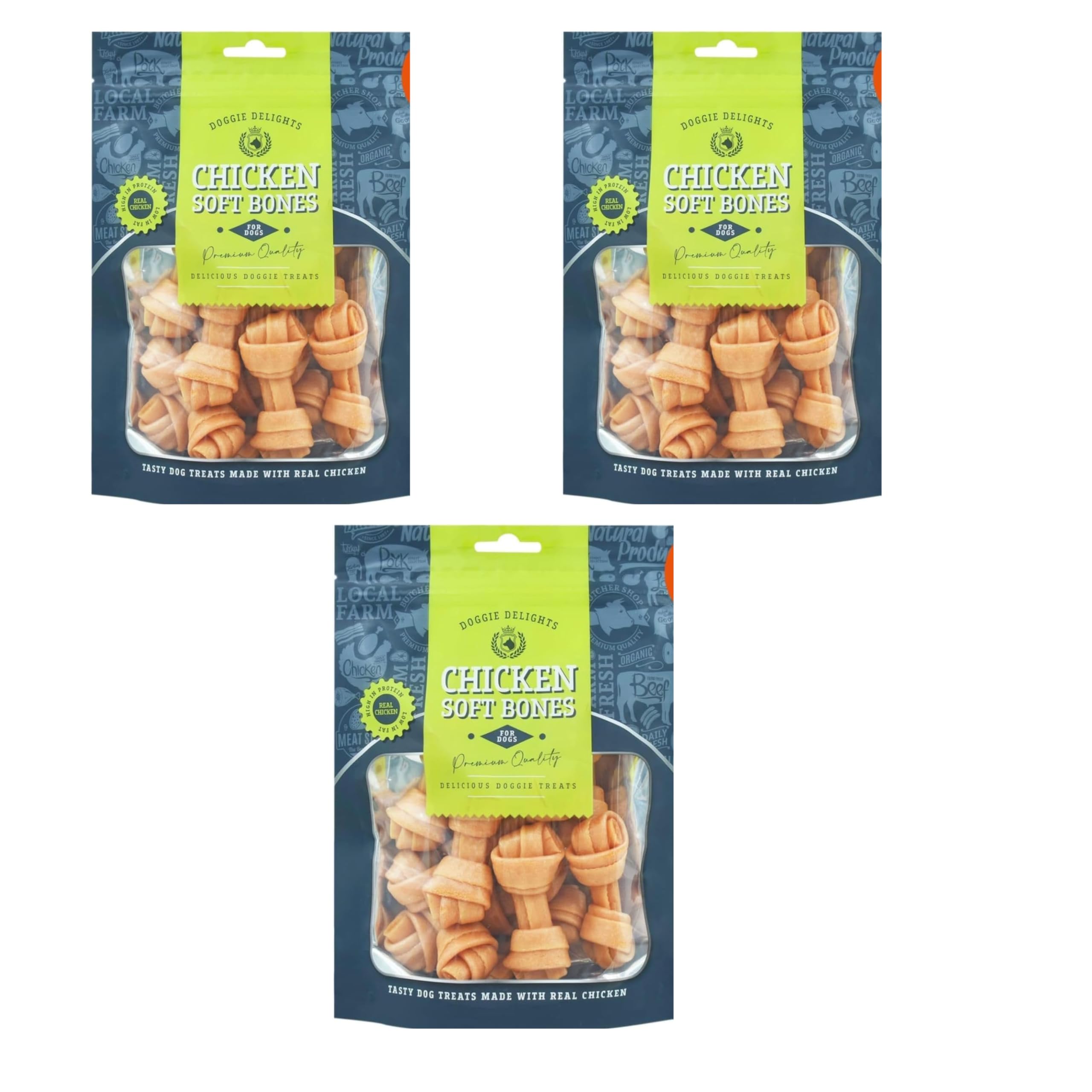3x Doggie Delights Dog Treats For Dogs Premiam Quality Delicious Doggie Healthy Treats High In Protein Low in Fat Real (3xChicken Soft Bones 160g) — image 1