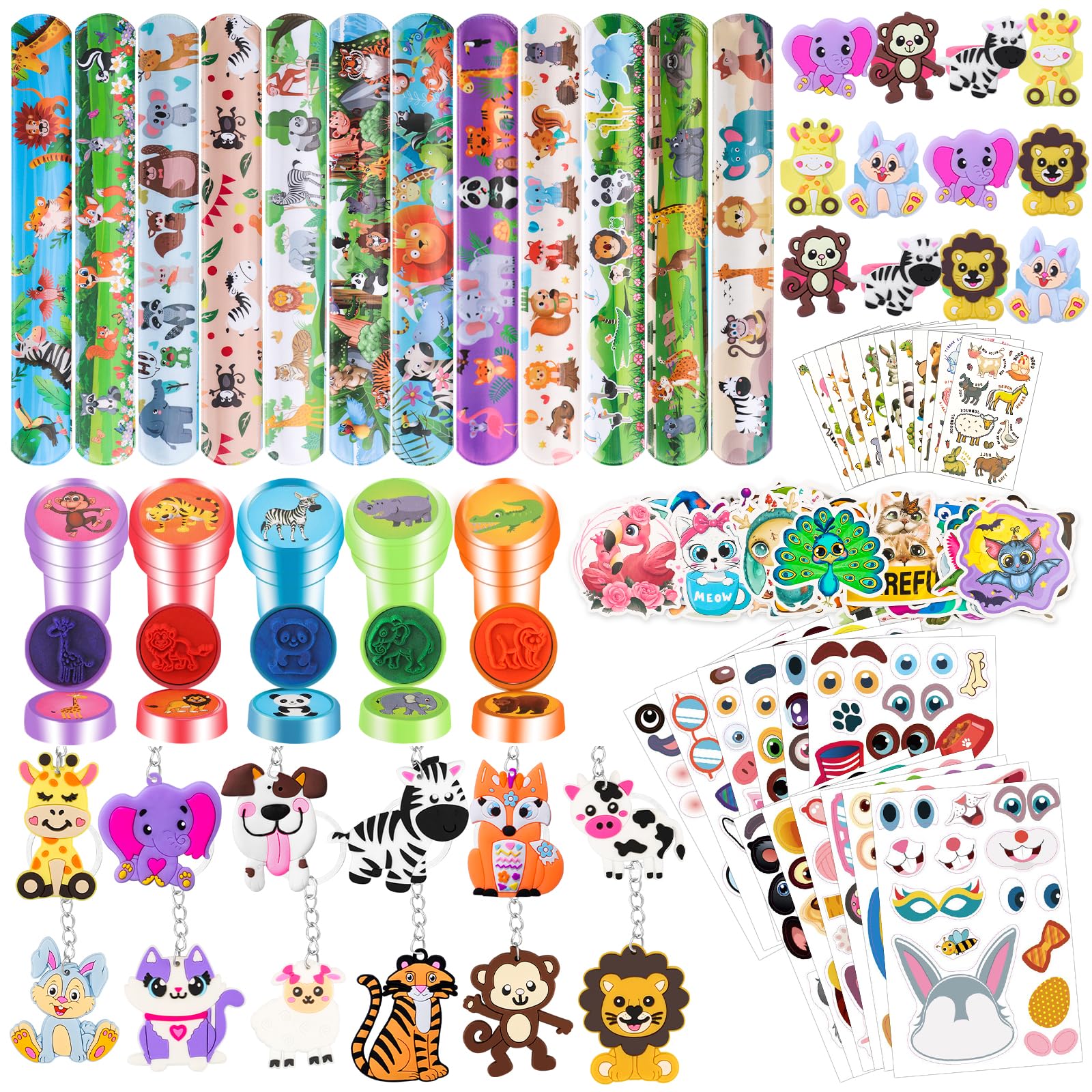 120Pcs Jungle Safari Party Favors Including Puzzle Stickers, Slap Bracelets, Animal Keychains, Temporary Tattoos, Animal Rings, Animal Stickers Safari Themed Birthday Party Supplies