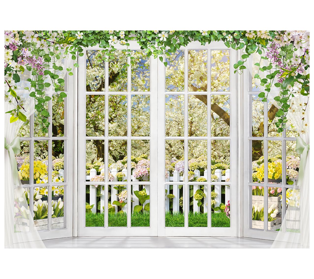 AIIKES 7x5ft Spring Window Backdrop White Flowers Forest Photography Backdrop Birthday Party Wedding Baby Shower Decor Photo Backdrop XY141