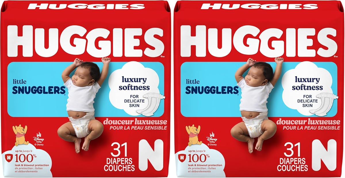 Pañales para bebé Huggies Little Snugglers, tamaño recién nacido (hasta 10 libras), 31 unidades, pañales para recién nacidos (paquete de 2)