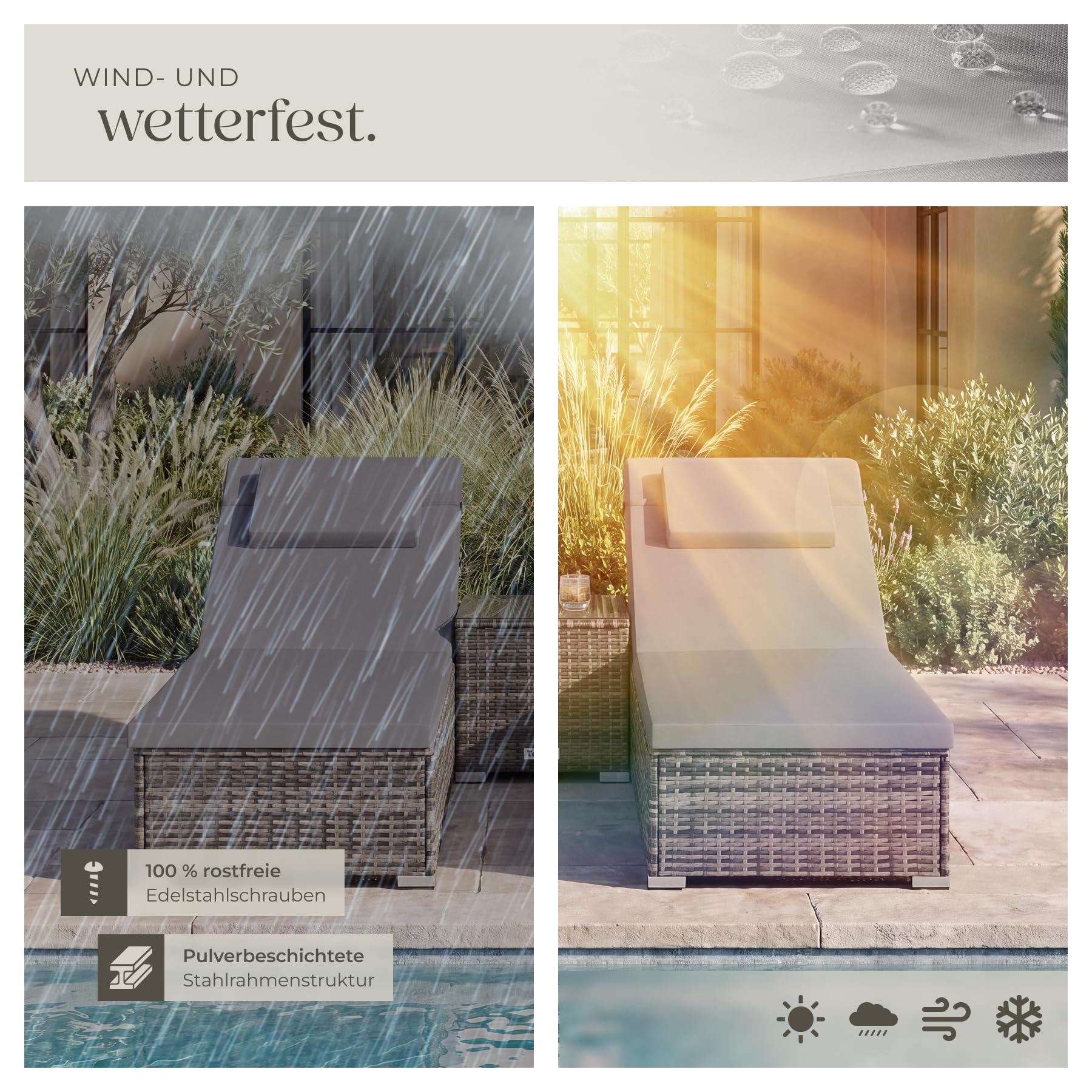 TecTake® Doppelliege für 2 Personen, 6-Fach verstellbare Rückenlehne, inkl. Tisch, wetterfest, 200 kg belastbar, Doppelsitzliege Garten, Sonnenliegen für Zwei, Gartenmöbel Rattan - grau