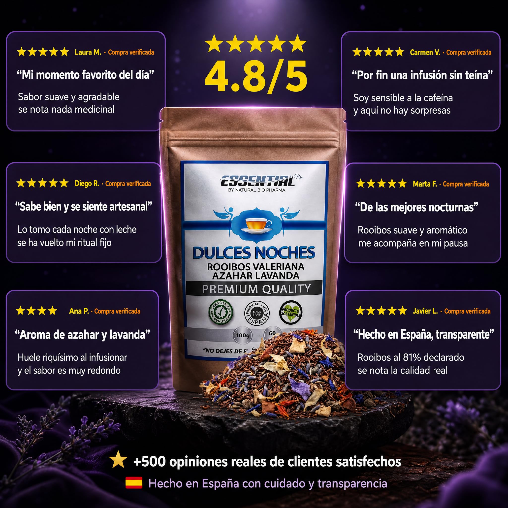 Duerme bien. Infusiones Relajantes para la Ansiedad y para Dormir Profundo toda la Noche. Rooibos de Valeriana, Lavanda, Malva, Azahar y Manzana. Sueño Profundo con esta Infusión Relajante para Dormir
