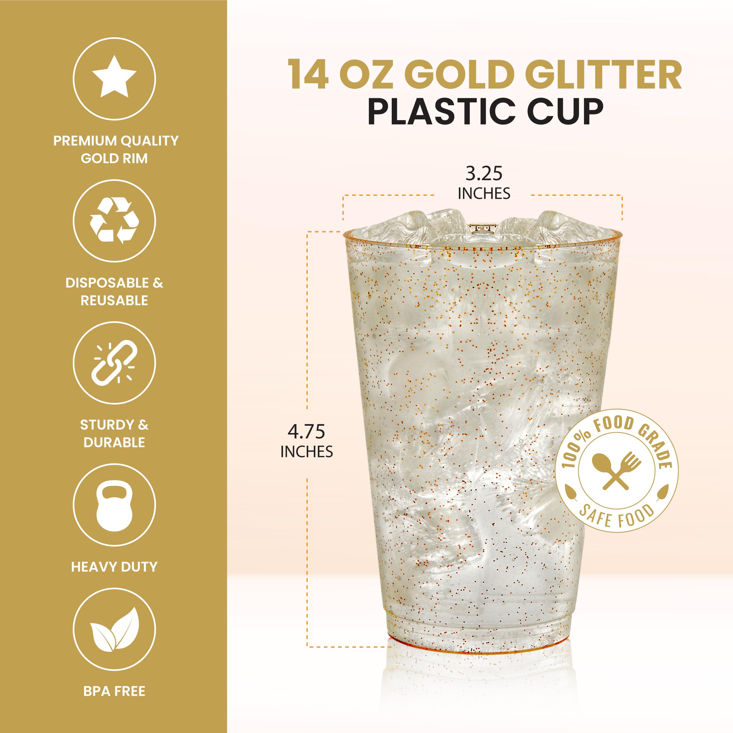 R-kay 14 oz Gold Glitter Plastic Cups For Party - 50 Pack Gold Plastic Cups - Hard Disposable Cups - Premium Heavy Duty Gold Cups - Disposable Cocktail Glasses - Party Cups (50 Pack, 14, ounces) — Amazon image 4