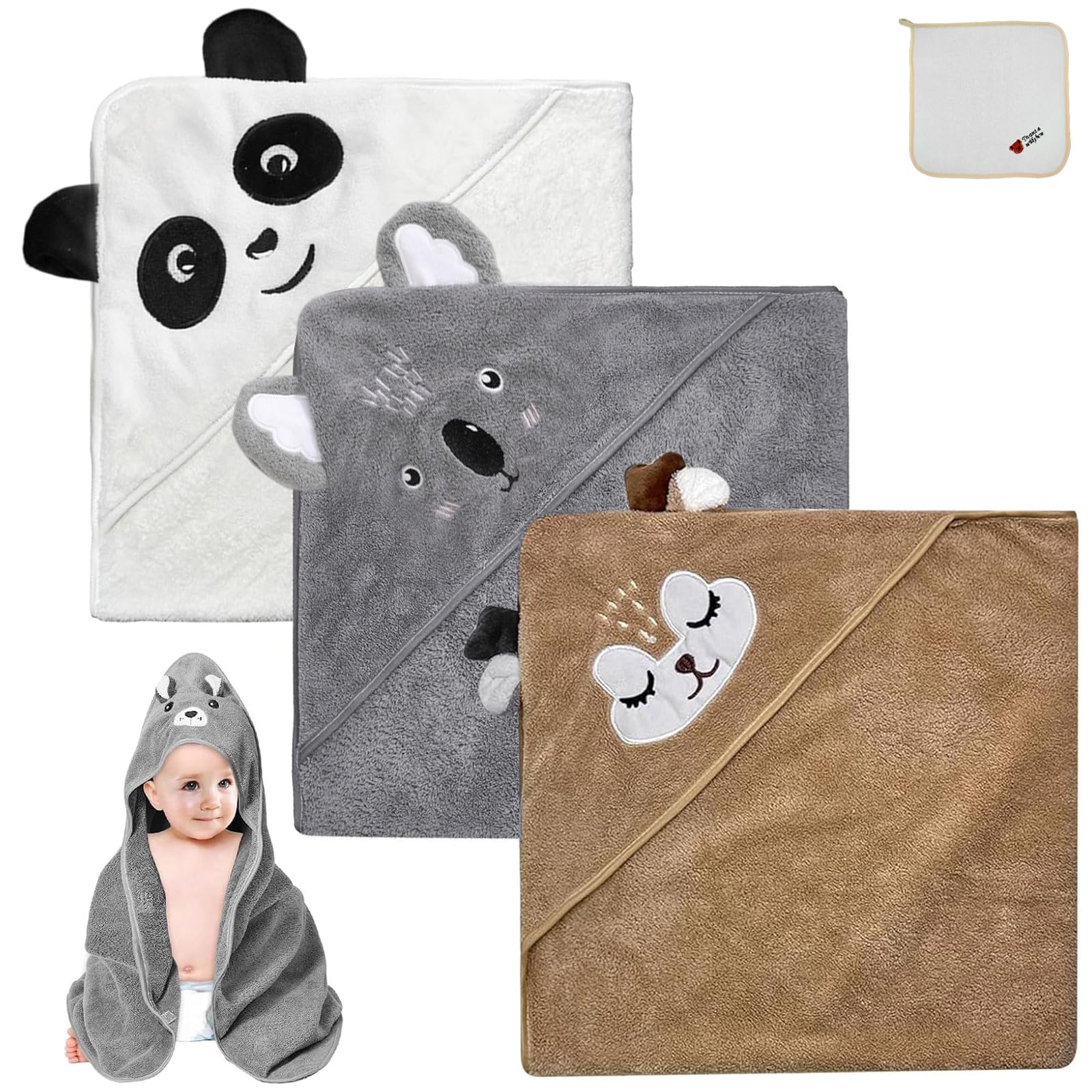 JTOOYS 3 Stücke Kapuzenhandtuch Baby - 80 x 80cm Baby Handtuch Kapuze Niedliches Handtücher mit Kapuze Kapuzenhandtuch Babys Weich & Super Saugfähig für Kinds Handtücher (Weiß, Braun, Grau)