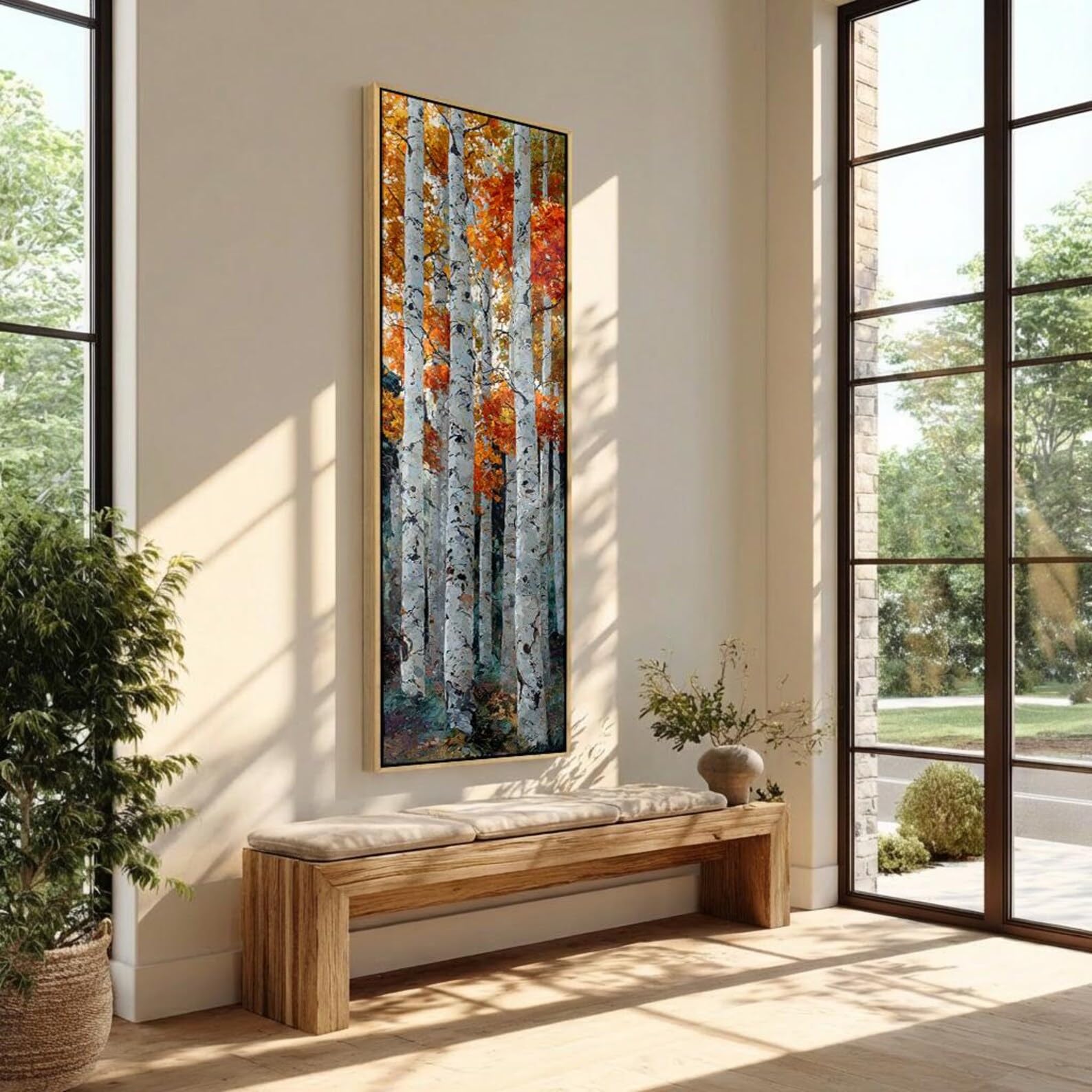 XINBAO Pionowe wydruki oprawionych drzew - Wysokie wąskie obrazy ścienne do przedpokoju - obraz na płótnie brzozowy-las natura dekoracja (60 x 180 cm/wewnętrzna rama)