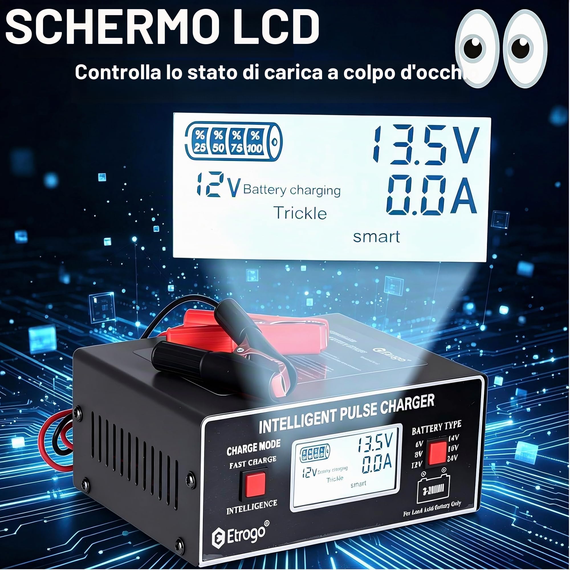 Etrogo Caricabatterie Auto 6V 8V 12V 24V 10A 250W Caricatore di Impulsi Intelligente Automatico con Funzione di Rilevamento Automatico Riparazione Manutenzione con Schermo LCD