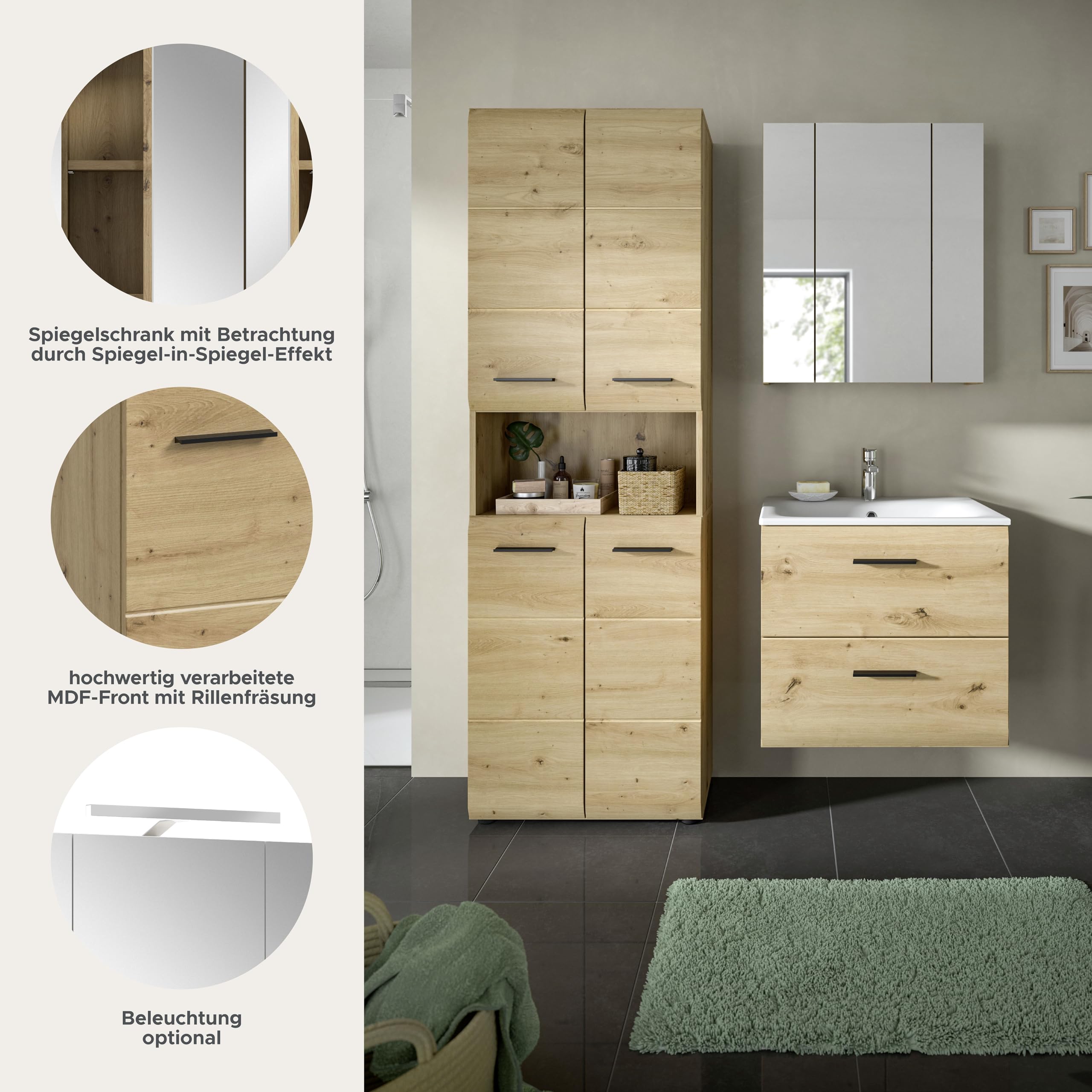 xonox.home – 3 TLG. Kompakte Badkombination Ice 135x185x46 cm in Korpus und Front Artisan Oak Nachbildung – Stilvolles Möbel-Set für Moderne Badezimmer – pflegeleicht & funktional – Bild 8