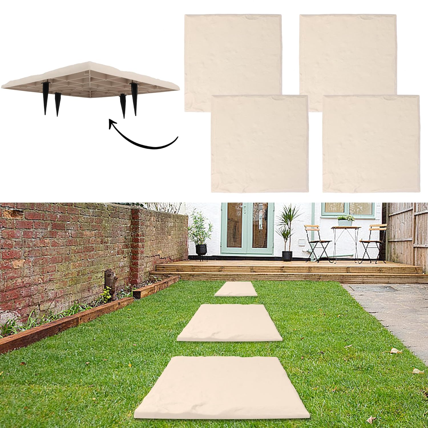 4Pcs Large Stepping Stones Outdoor Garden Walkway, Durable Plastic Pavers for Patio, Pathway, and Landscaping, Weatherproof Stepping Stones with Ground Stakes for Easy Installation Square Beige