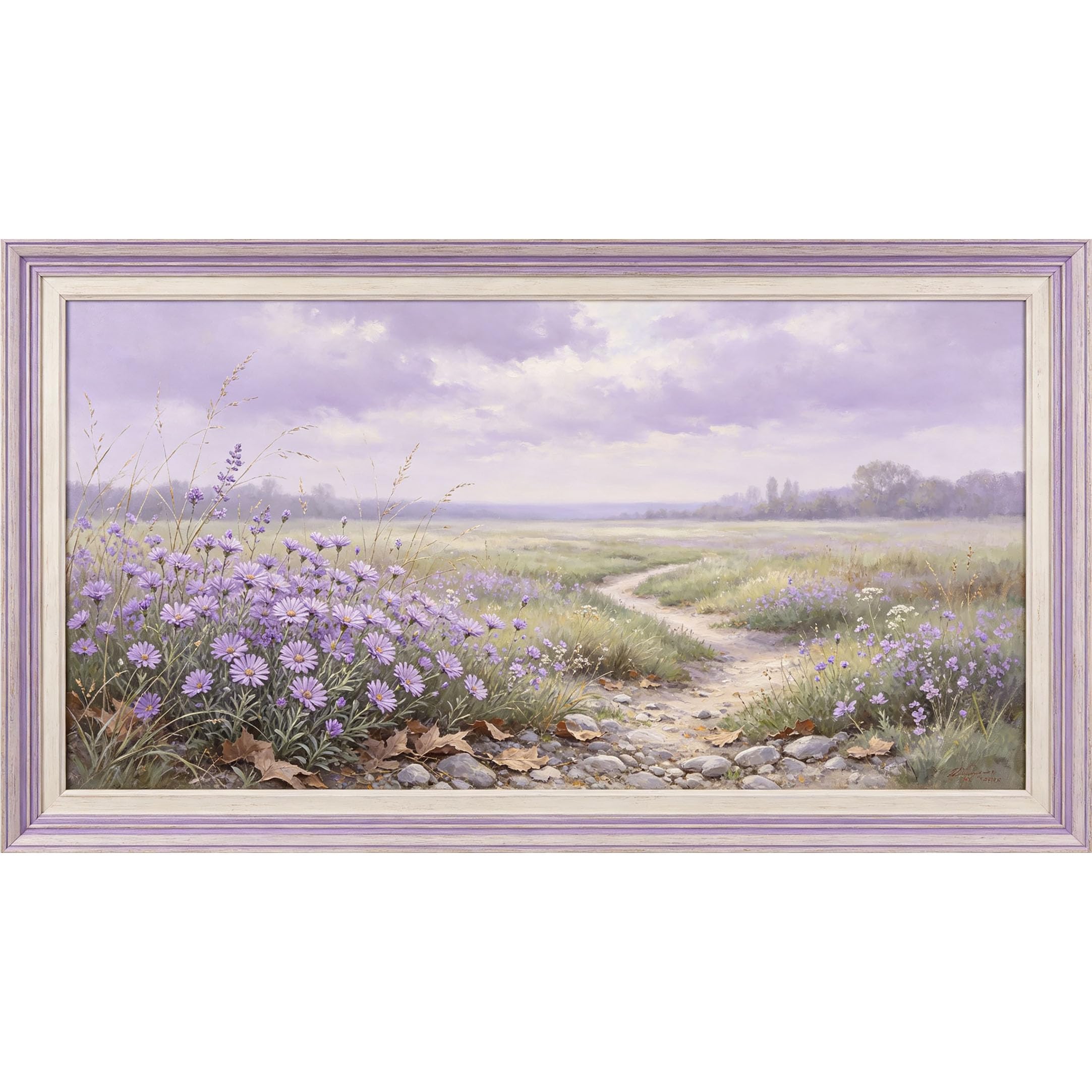 QZLITHOTIC 50x90cm3D Framed Wall Art， Lavender Flower Field Landscape Self‑Adhesive Mural， Water‑Activated Peel & Stick Fabric Decor Wall Decal for Bedroom Living Room
