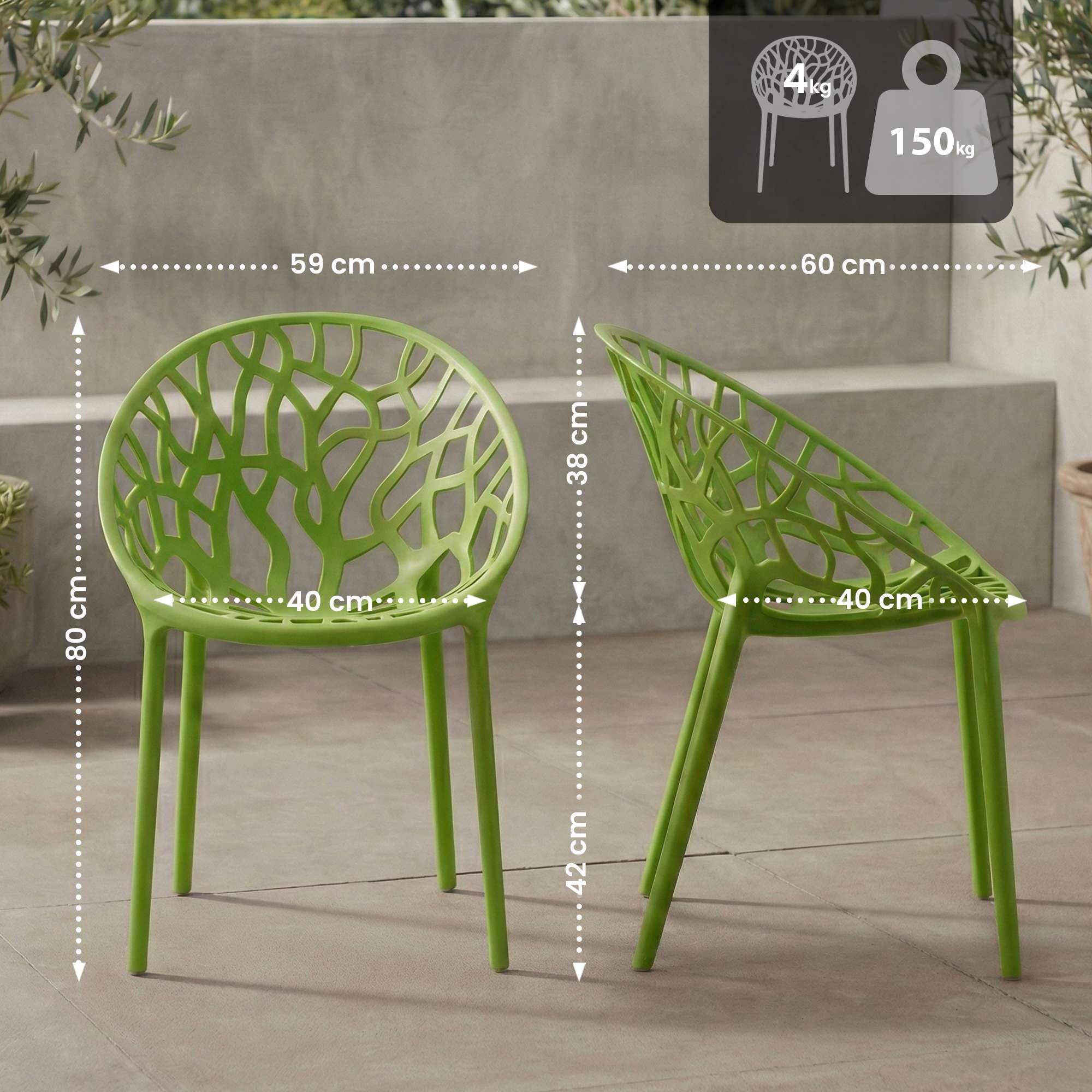 CLP Juego de 4 sillas de jardín, apilables y Resistentes a la Intemperie, Moderno con reposabrazos no Ajustables, Estructura de plástico Hope, Color:Verde Claro