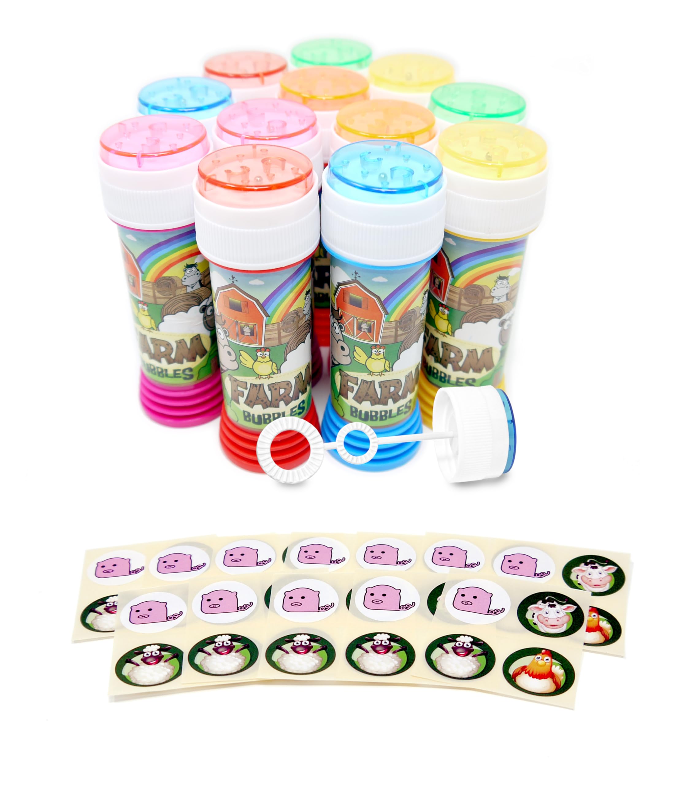 Anila's 36 Farm Themed Bubble Tubs with Wand & 36 Anila's Farm Sticker Sheets for Party Bag Fillers and Party Favours for Children - (Ideal for Children Aged 3-8)