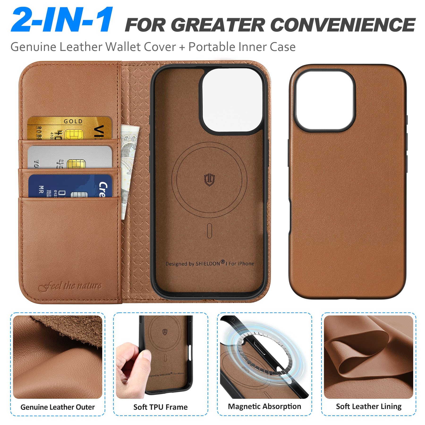 SHIELDON Custodia in Vera Pelle per iPhone 16 Pro 6,3" 2024, Marrone Sella | Custodia a Libro Portafoglio 2 in 1, Blocco RFID, Ricarica Wireless, Magnetica, Antiurto, Rimovibile