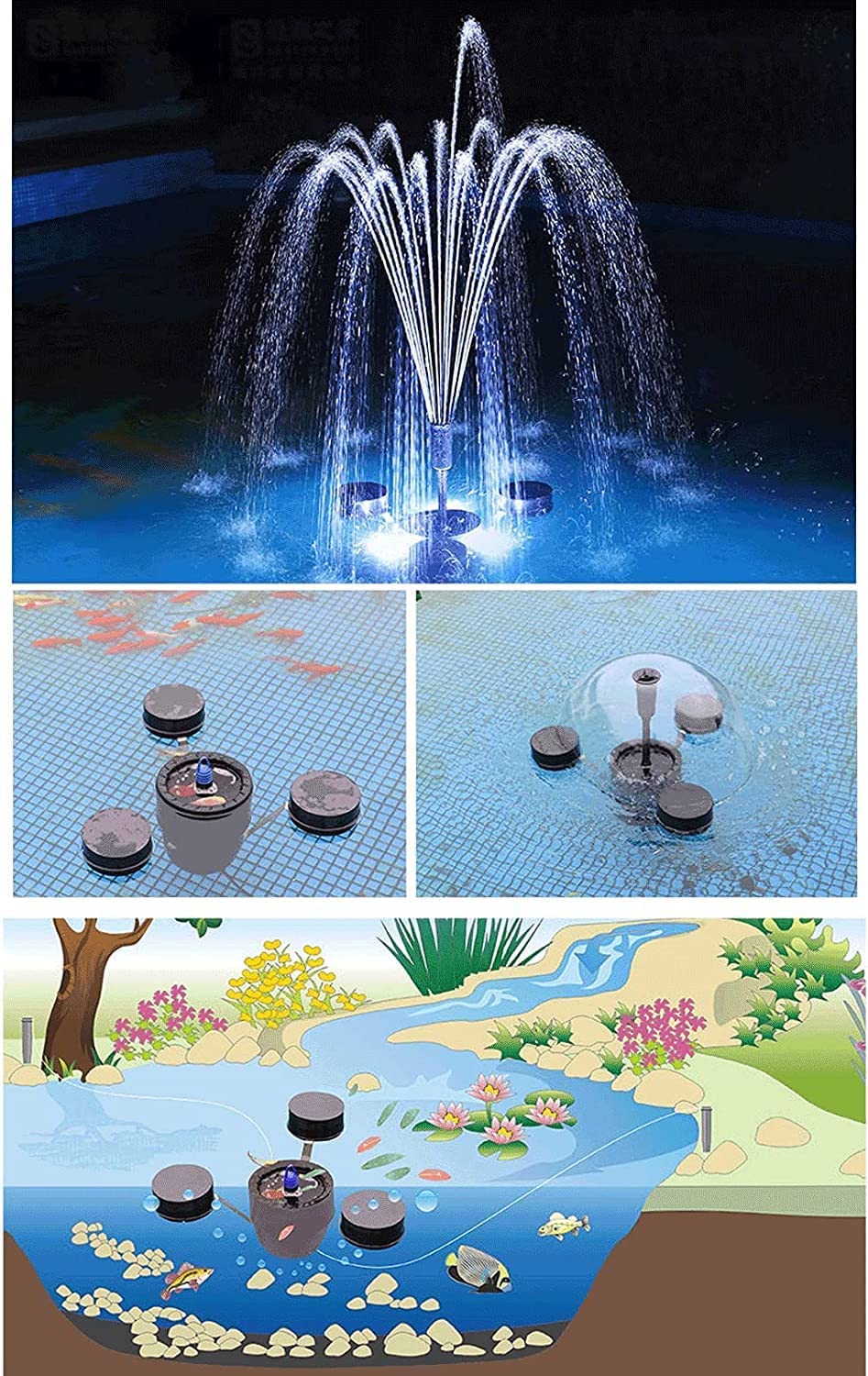 Skimmer per laghetto, skimmer galleggiante 2 in 1 con luce subacquea, raccoglitore di foglie cadute per laghetto con 3 modalità di fontana, chiarificatore per dissipatore di rifiuti per laghetto con