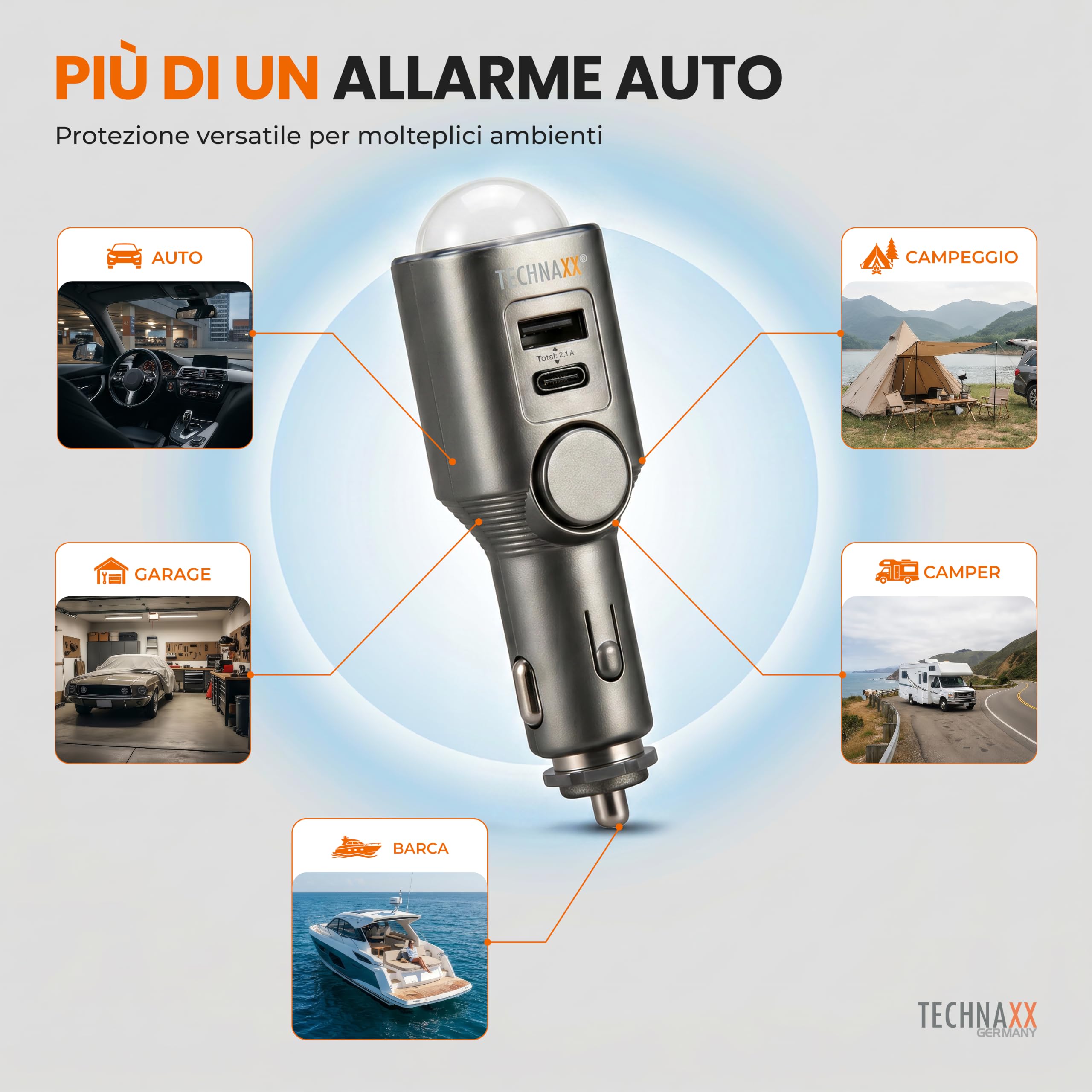 Technaxx Allarme auto con sensore di movimento PIR – Allarme plug-in 12–24V con sirena 110dB, batteria 6 giorni, porte USB-A & USB-C, display LED e telecomando - 2026 Update Model - TX-100