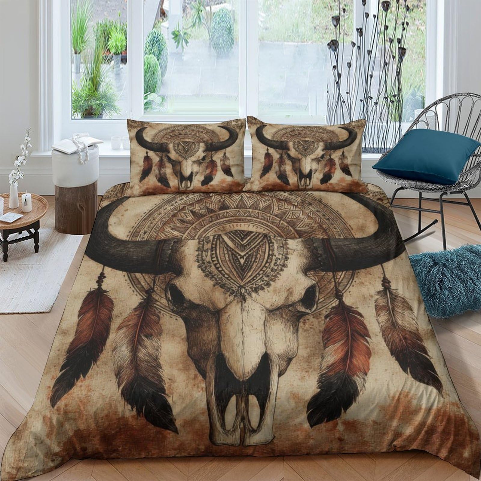 Ctjqhvkz Style-8 3D Printed Boho Skull Fitted Sheet Microfiber Soft Native Feather Bed Cover For Bedroom Dorm Mattress Decor Single（135X200cm）