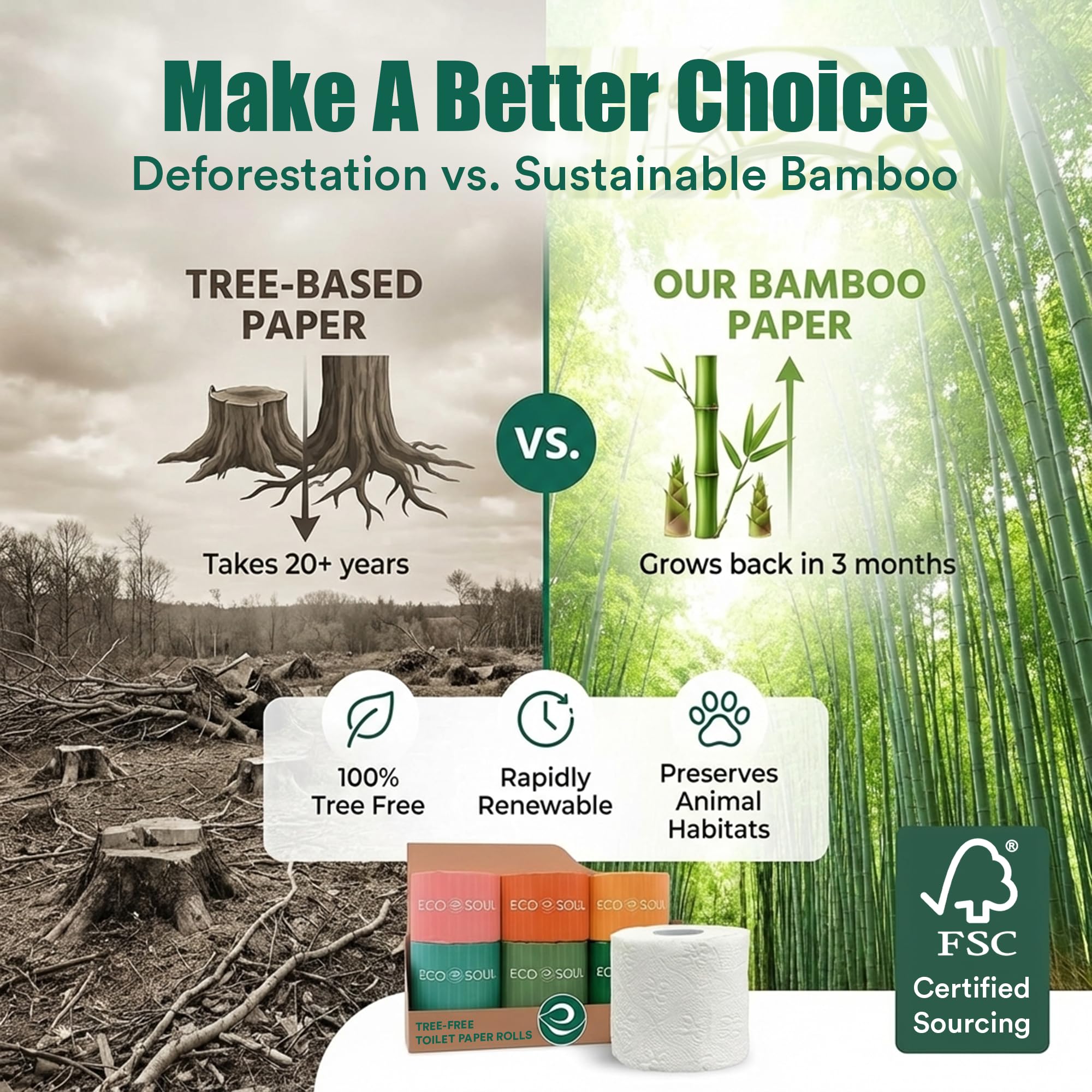 Eco Soul Carta igienica in bambù Premium 3 veli | 12 Rotoli Mega | 300 Fogli ciascuno | Certificata FSC, ipoallergenica, testurizzata e delicata sulla pelle, sicura per le fosse settiche, morbida