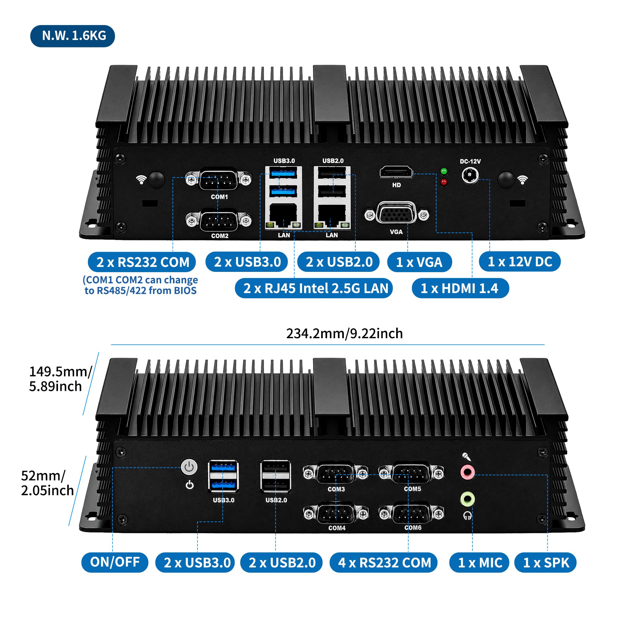 Fanless Mini PC 1185G7 (up to 4.8GHz) Embedded Computer, 2X 2.5GbE LAN, 6X COM(RS232/422/485), Industrial PC, HD+VGA, DDR4 8GB RAM 128GB SSD, 8 USB, SIM Slot, Auto Power On