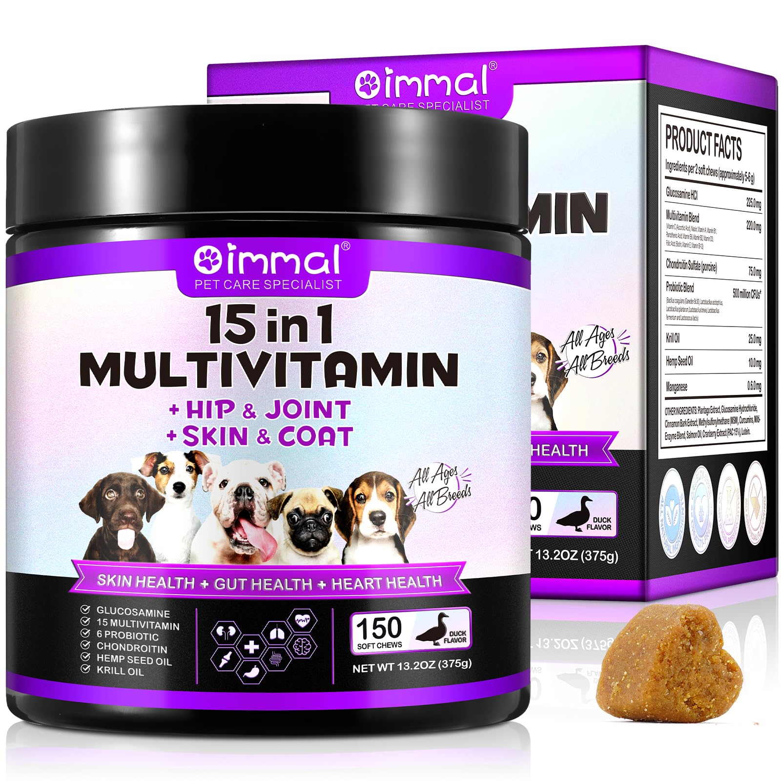 15 in 1 Dog Vitamins Supplements -150PCS-Multifunctional Supplements for Dogs-Glucosamine Chondroitin for Joint Support with Probiotics for Gut &