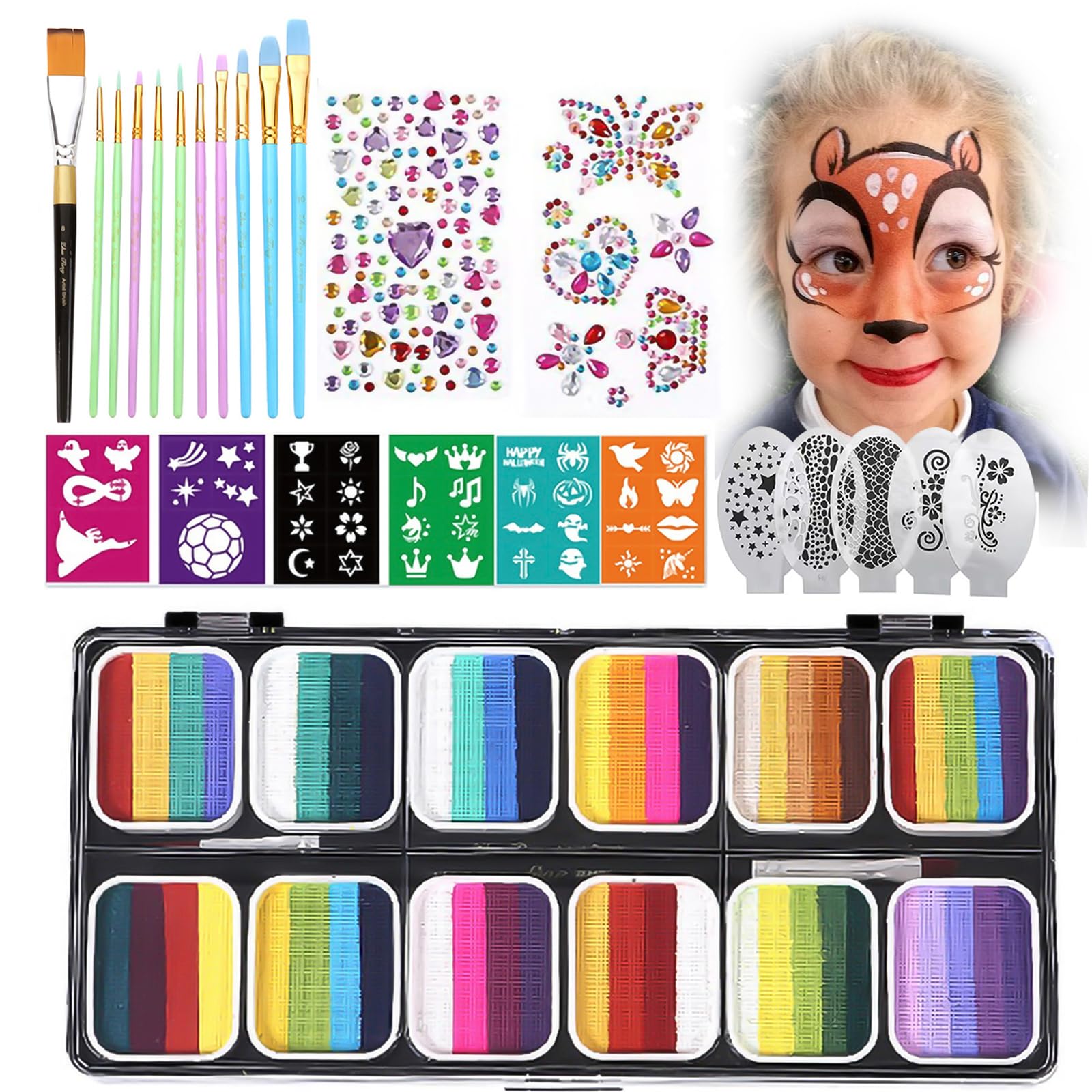 Face Paint Kit-12 Split Cake Palettes Face Painting Kit,1 No.8 Flat Brush +10 Color Pen And 2 Black Brushes,For All Groups, Rainbow Non Toxic Water Activated Facepaint Makeup