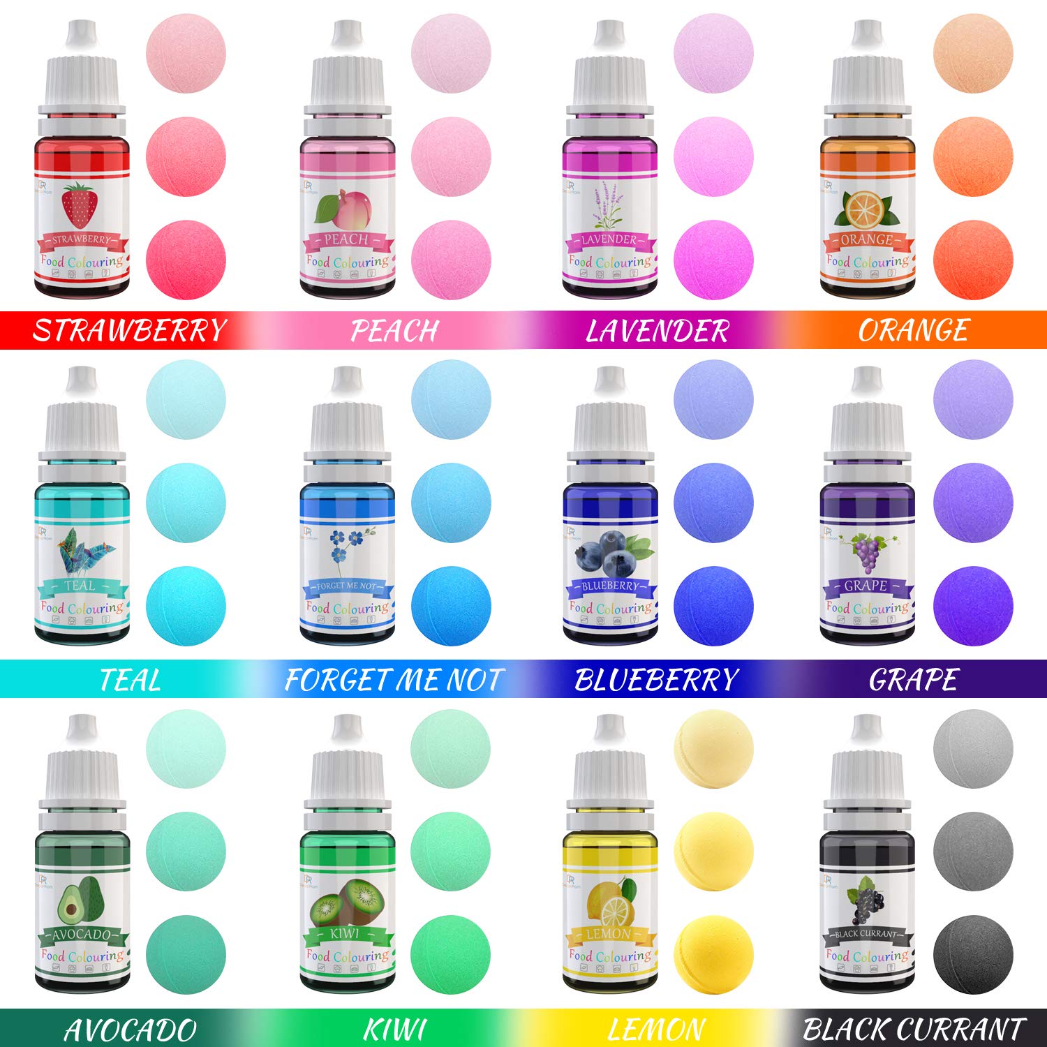 Food Colouring 12 Colours x 10ml Food Dye Concentrated Liquid Cake