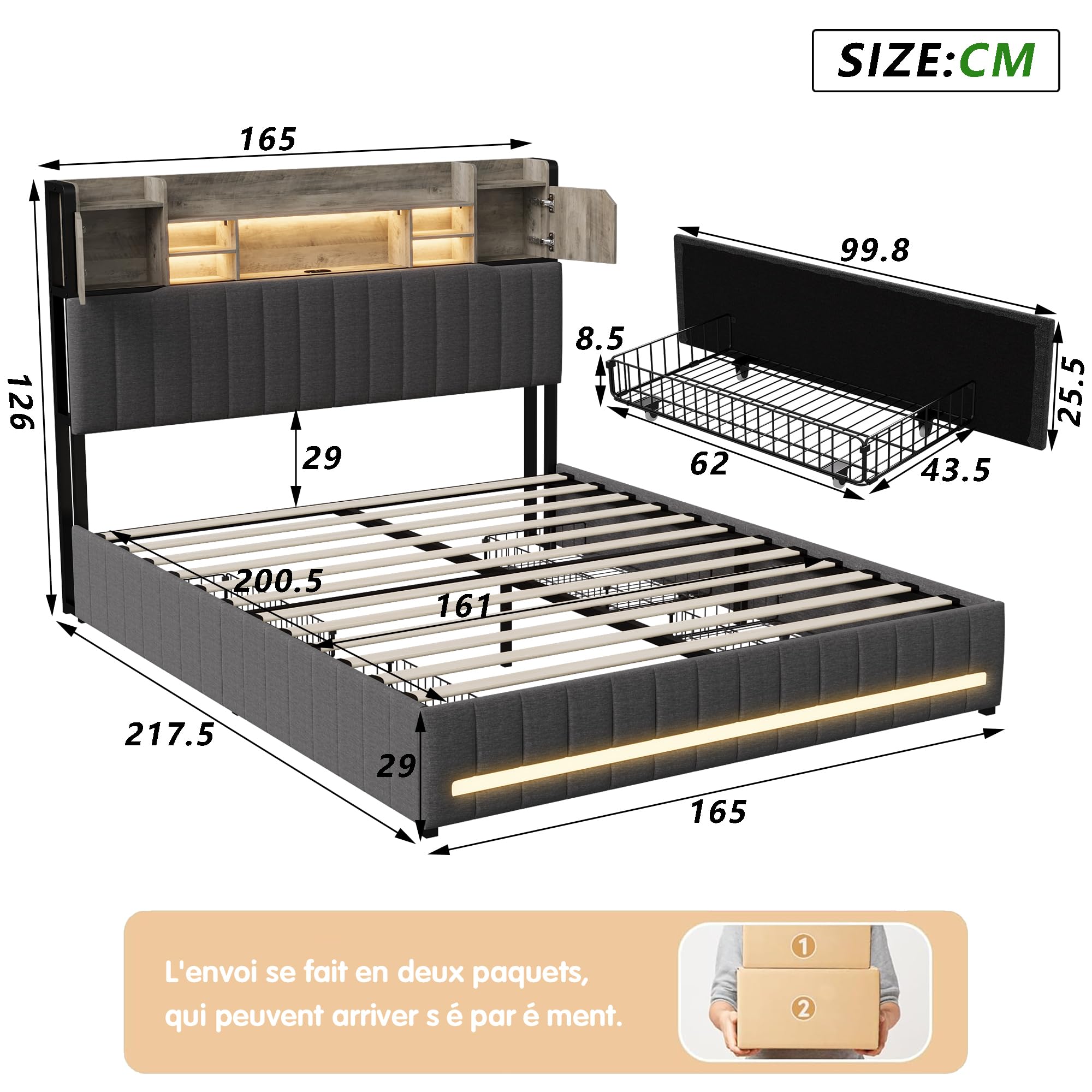 LONELYO Lit Coffre 160x200 avec Sommier LED et USB, Tête de Lit Capitonnée en Bois, Cadre en Lin Moderne, 4 Tiroirs Coulissants, Gris