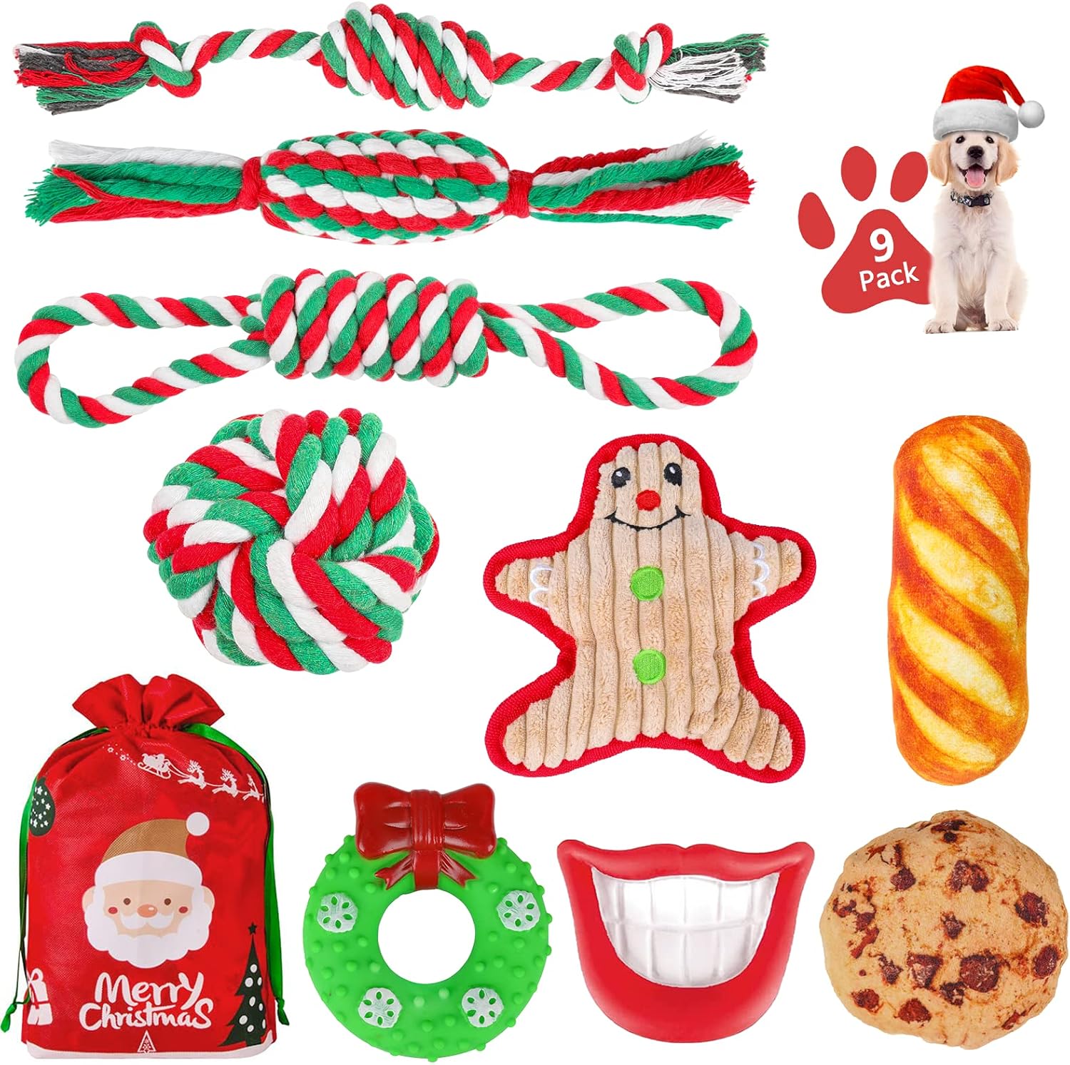 FAYOGOO 9 Pack Christmas Dog Toys for Small and Medium Dogs, Dog Christmas Stocking Gifts, Dog Rope Toys for Aggressive Chewers, Squeaky Dog Plush Toys for Training Teething Playing