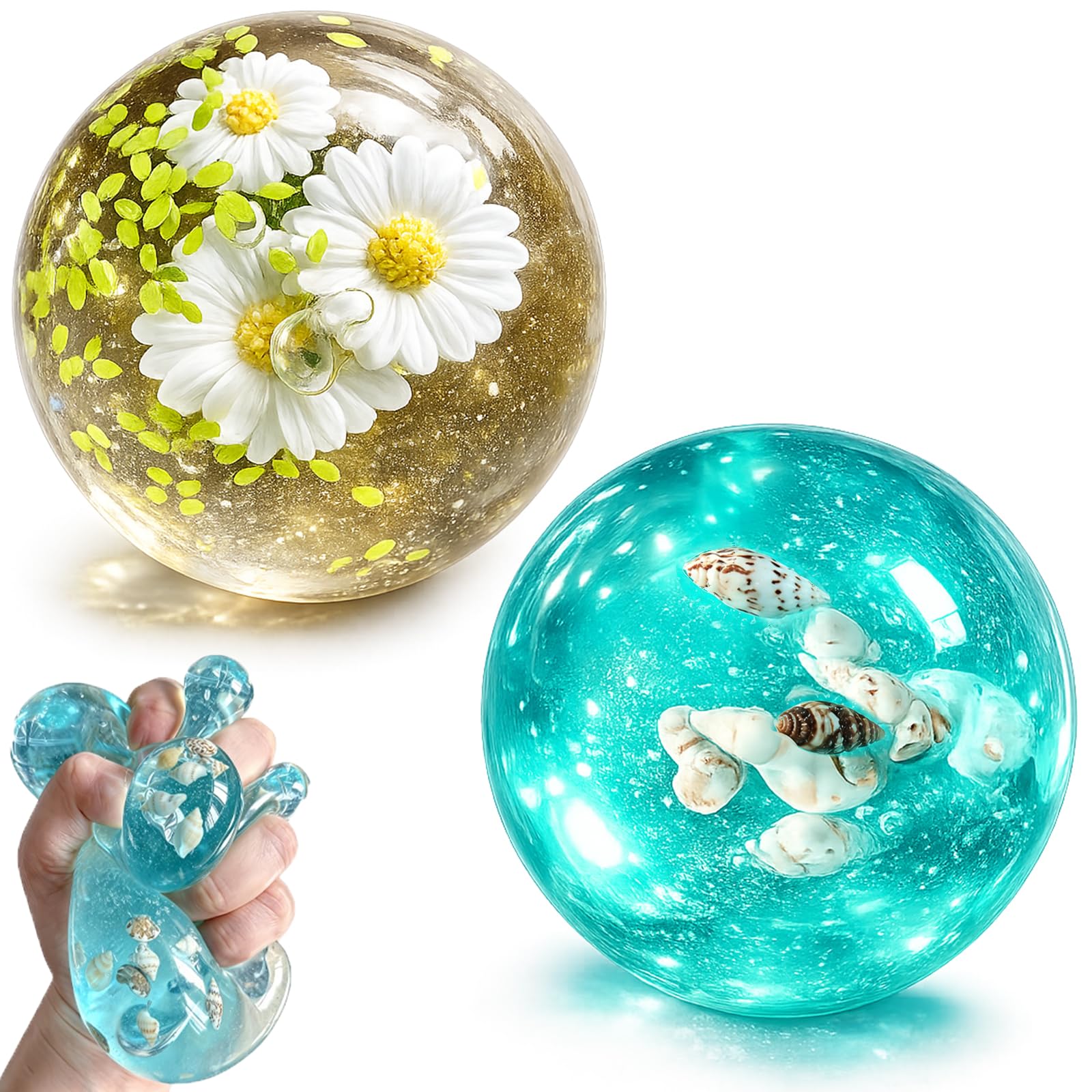 2 Pcs Squishy Cube Fidget Toys, Ice Cube Stress Balls with Floating Ocean Shells & Flowers, Stress Relief Slow Rising Squishies Ball for Adults and Teens, Home Office Desk Toy