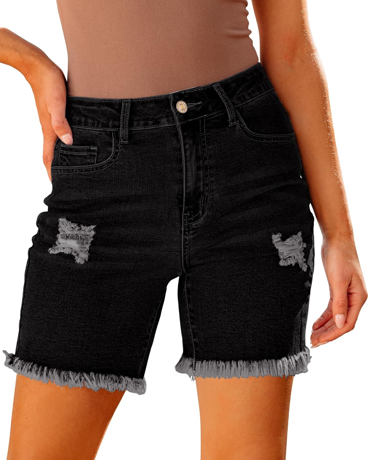 luvamia Jean Shorts for Women High Waisted Trendy Casual Distressed Stretchy Denim Long Shorts Ripped Raw Hem Shorts