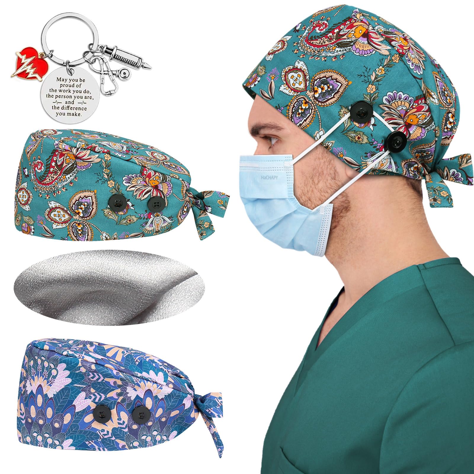 2 Pcs Satin Lined Scrub Cap Nurse Hats for Women Men 4 Buttons