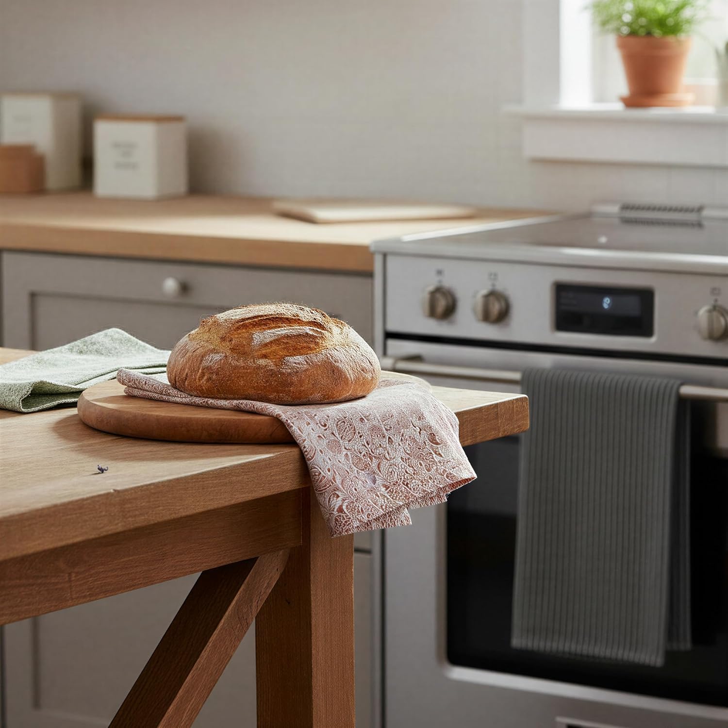 Creative Co-Op 3-Piece Cotton Stonewashed Patterned Tea Towels and Mango Wood Cheese/Serving Board with Handle, Multicolor & Natural