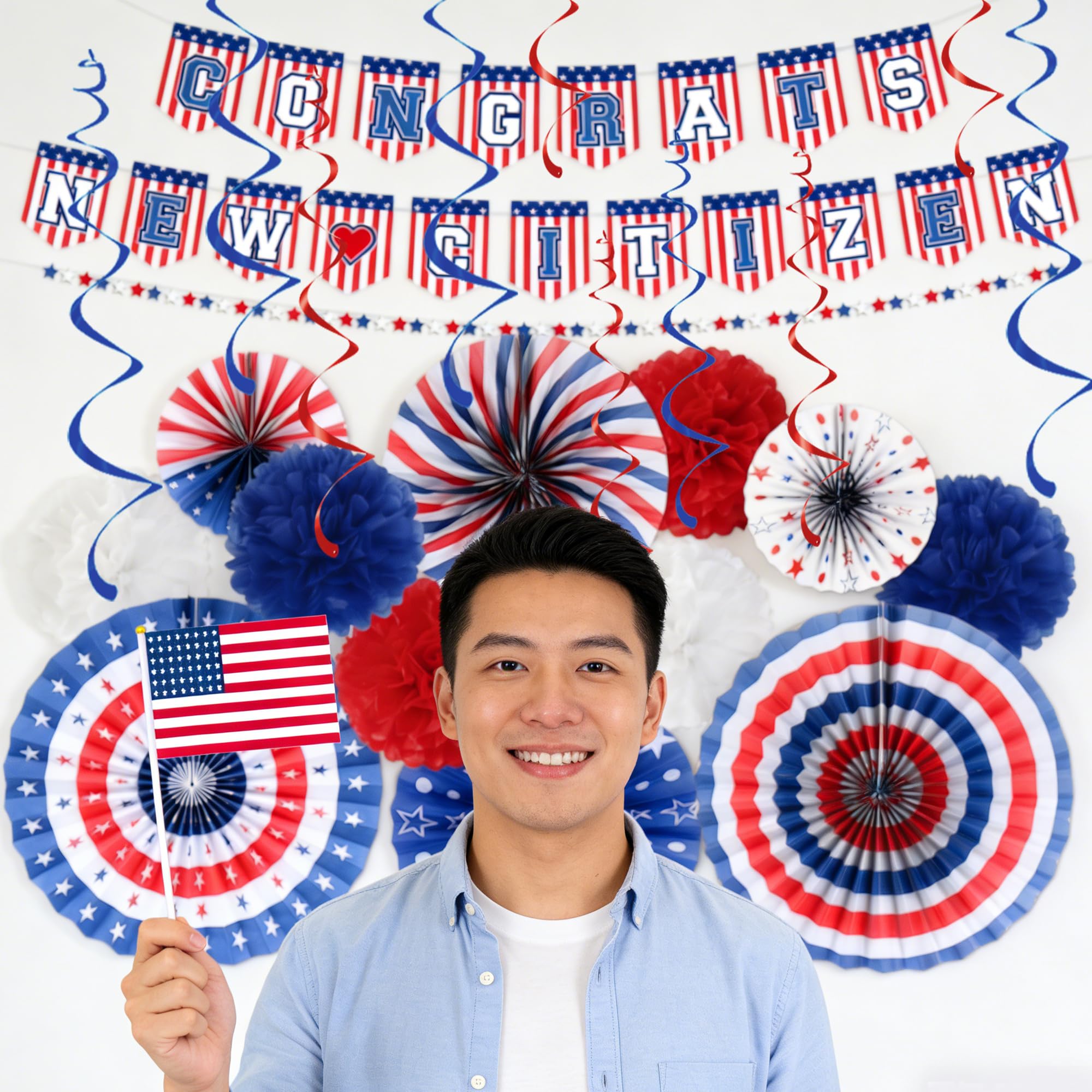 Us Citizenship Party Decorations - 31 Pcs Concrats New Citizen Banner Garland Hanging Swirls Paper Fans Pom Poms Americal Flags Decor Set Oath Ceremonies Patriotic Gift Ideas Supplies