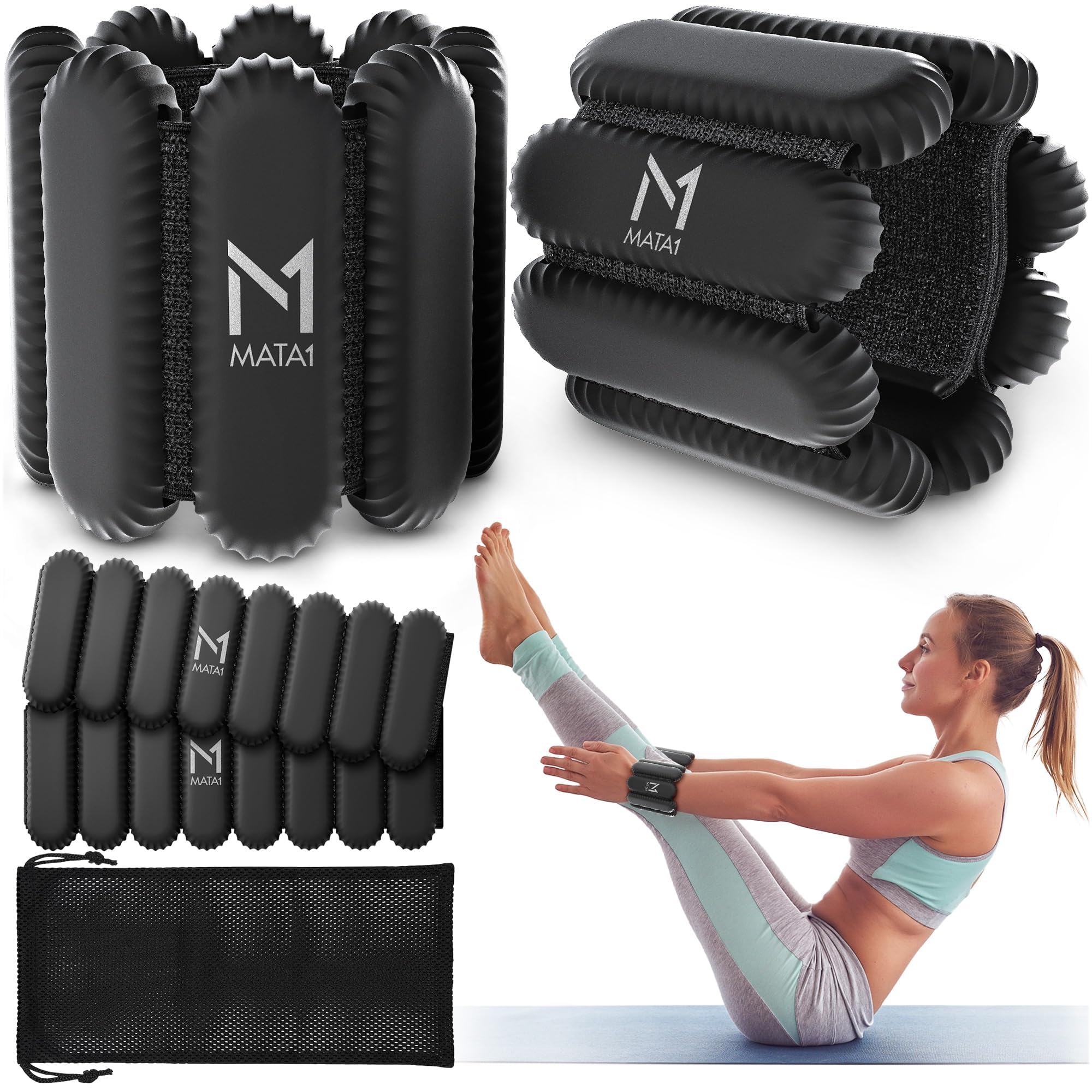 Ankle & Wrist Weights for Men & Women - Set of 2, 1 lb / 0.5 kg each, Black - Adjustable Silicone Workout Bands w/Removable Weights for Fitness & Training - by Mata1