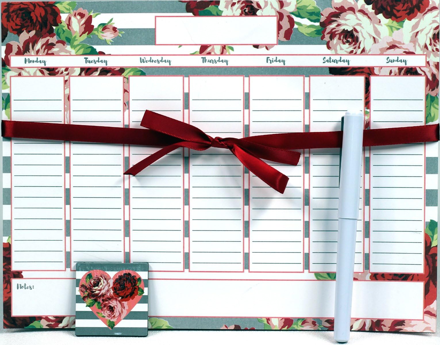 Creative Hobbies Magnetic Weekly Calendar Memo Grocery List Notepad Set, 52 Sheets with Pen & Decorative Magnet - Colorful Floral Design