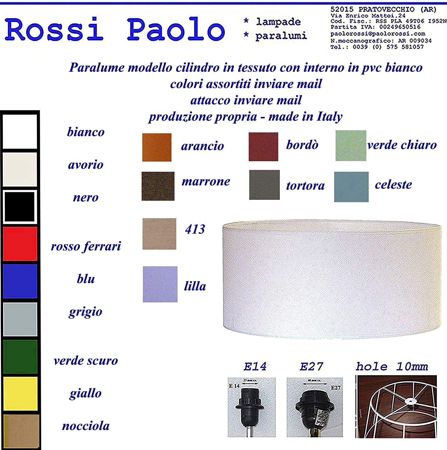 Paolo Rossi paralume moderno cilindro in tessuto e PVC, colori a scelta - produzione propria - made in Italy (cm 55)