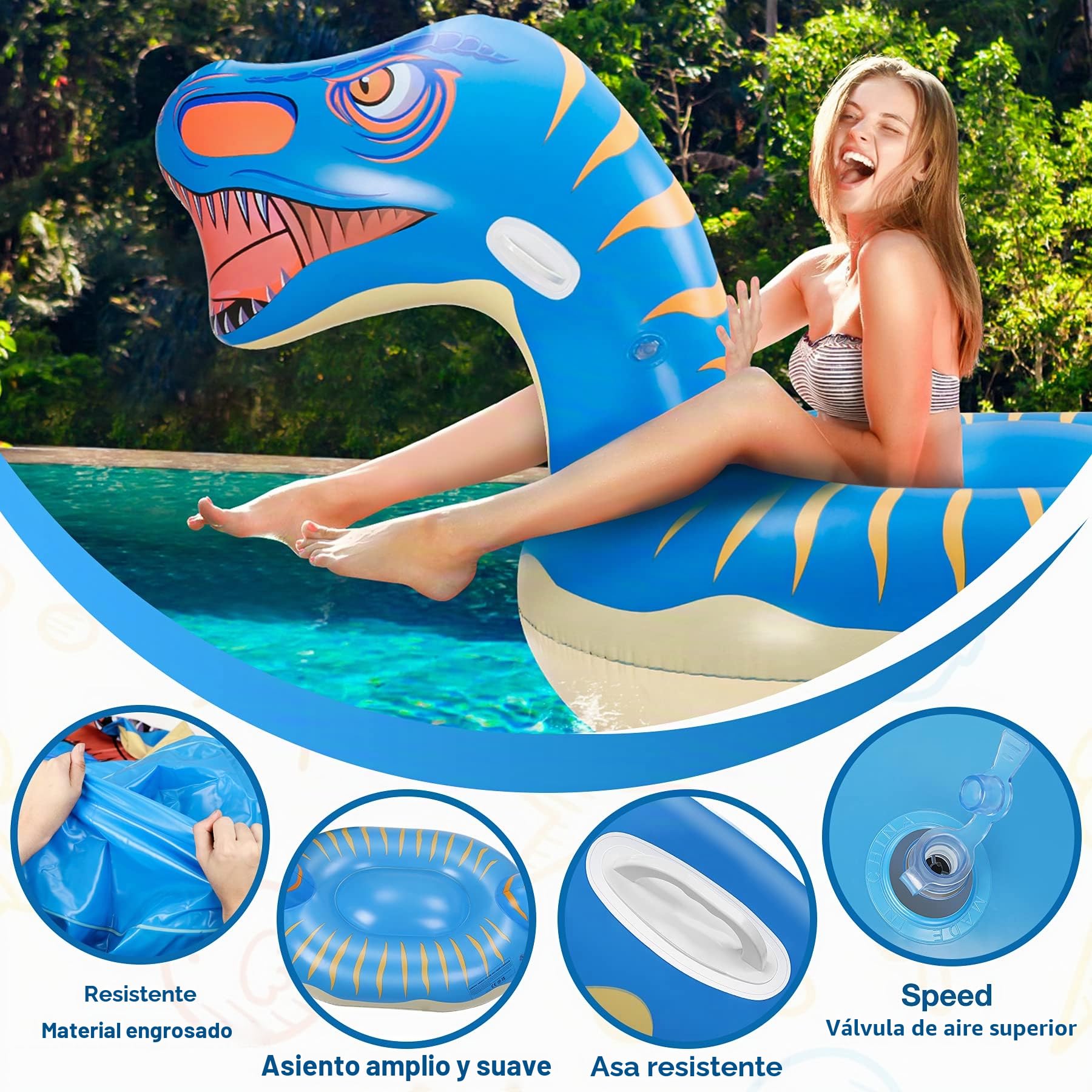 Flotador de Piscina Dinosauria, Colchoneta Hinchable, Flotador Gigante, con 2 Agujeros Inflables y 1 Pegatina de Parche, Piscina Playa, Verano para Adultos & niños (275×115×100cm)