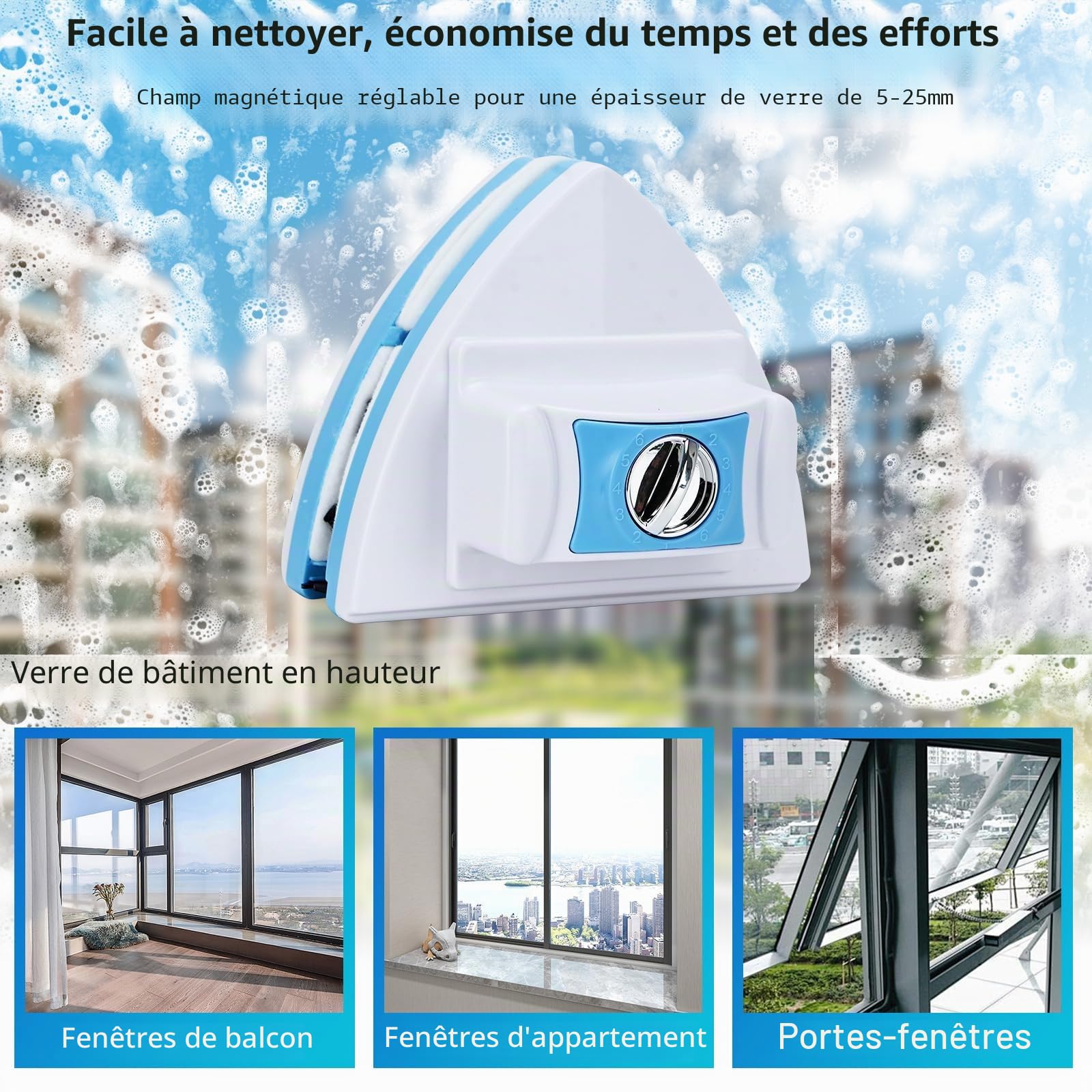 Podazz Home Nettoyeur de vitres magnétique double face, essuie-vitres magnétique double ajustable, pour immeubles de grande hauteur et pare-brise de voiture avec une épaisseur de 5-25 mm (5-25 mm)